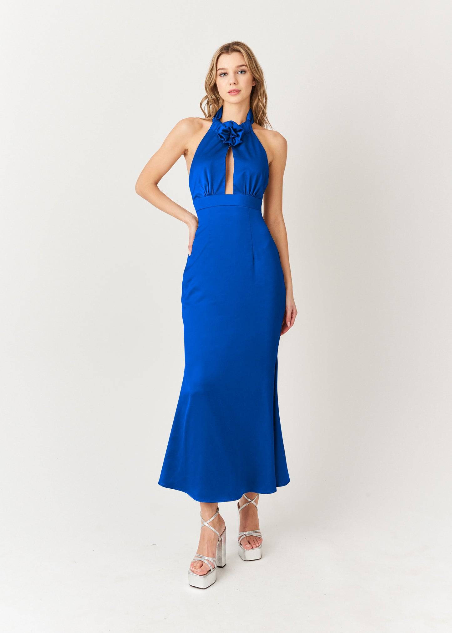 Wynter Front Cut Out Halter Satin Midi Dress-ALJH0108