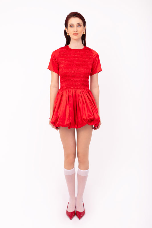 Eleanor Red Satin Puffball Ultra Mini Dress-ALLW168-5