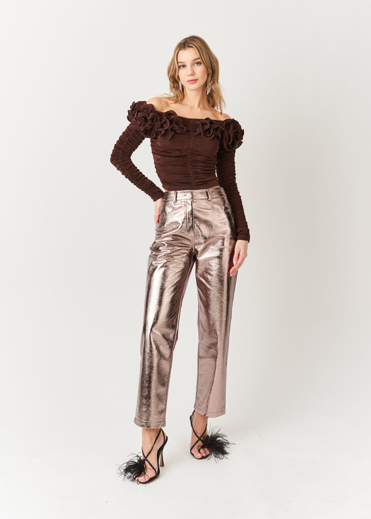 Yasmine Straight Faux Leather Metallic Pants-ALJH0133