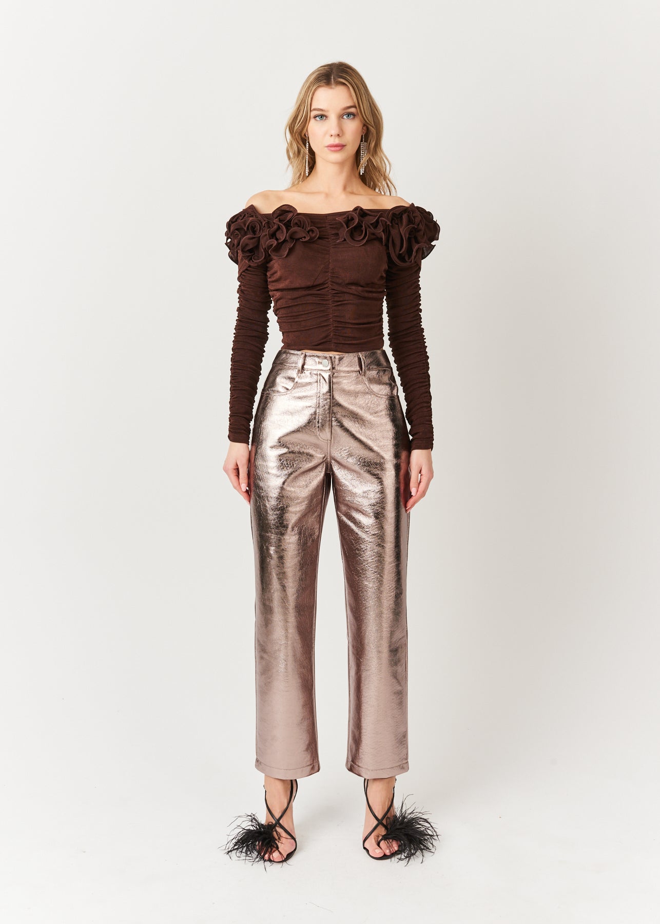 Yasmine Straight Faux Leather Metallic Pants-ALJH0133
