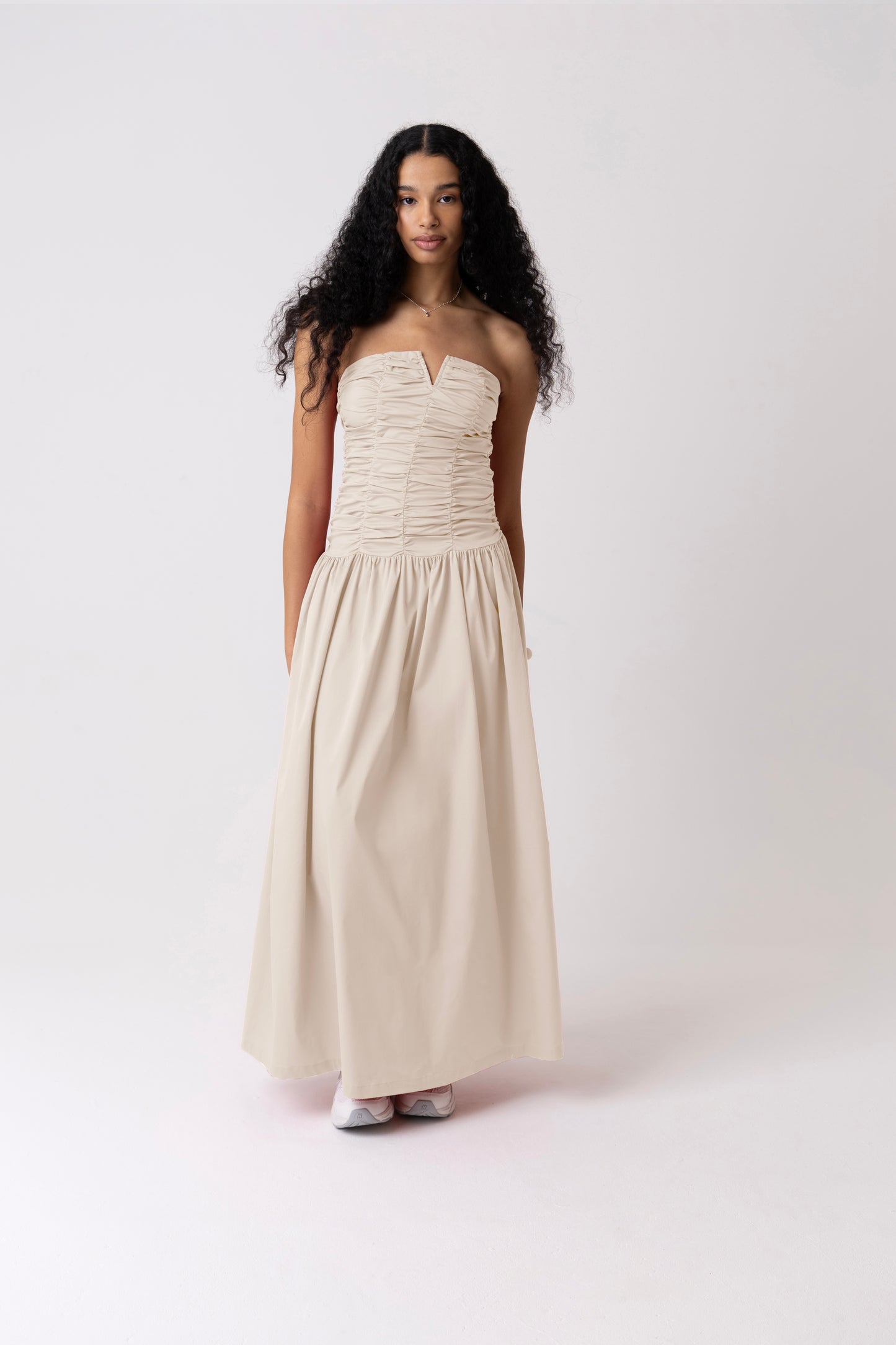 Shyla Milk Ruched Column Bardot Maxi Dress-ALLW221