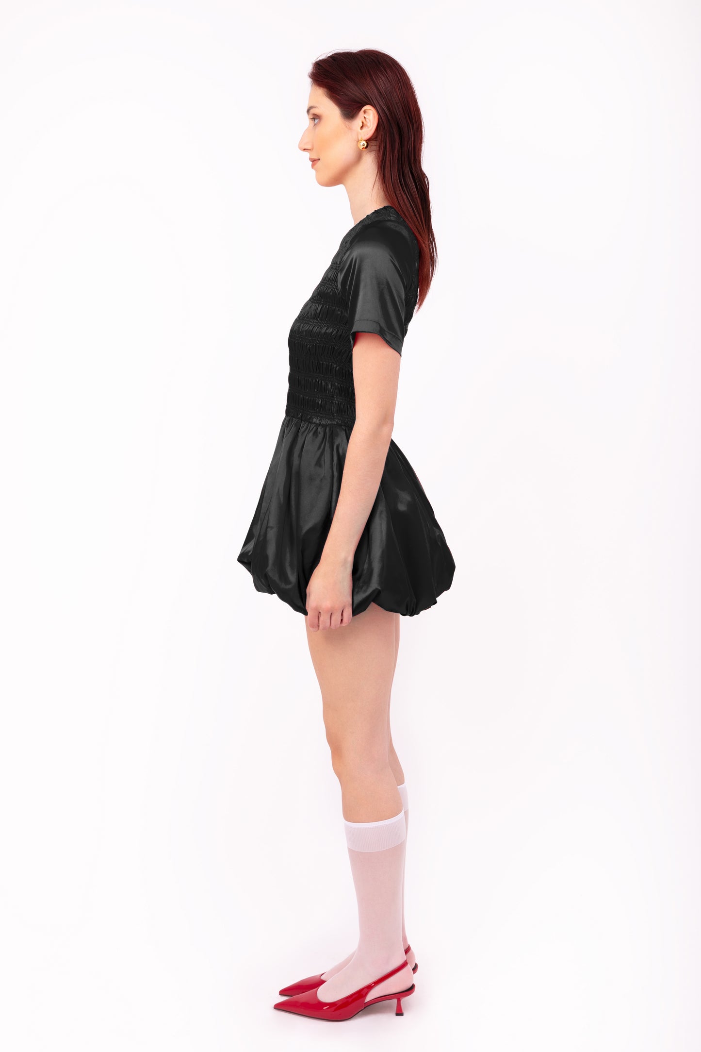 Eleanor Black Satin Puffball Ultra Mini Dress-ALLW168-4