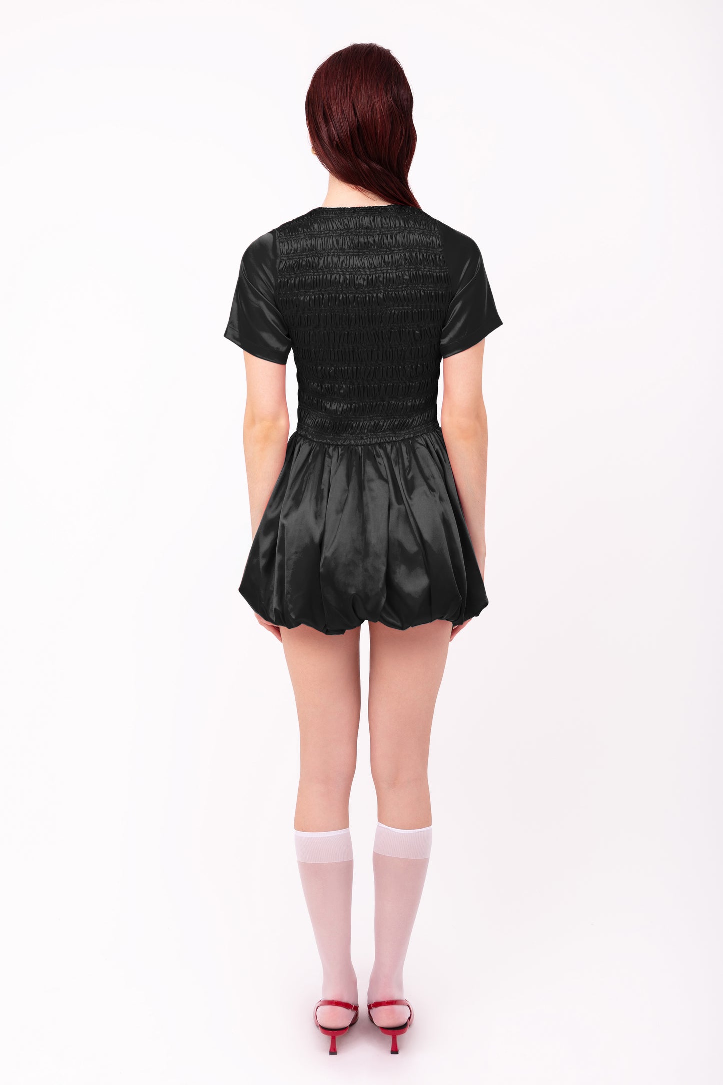 Eleanor Black Satin Puffball Ultra Mini Dress-ALLW168-4
