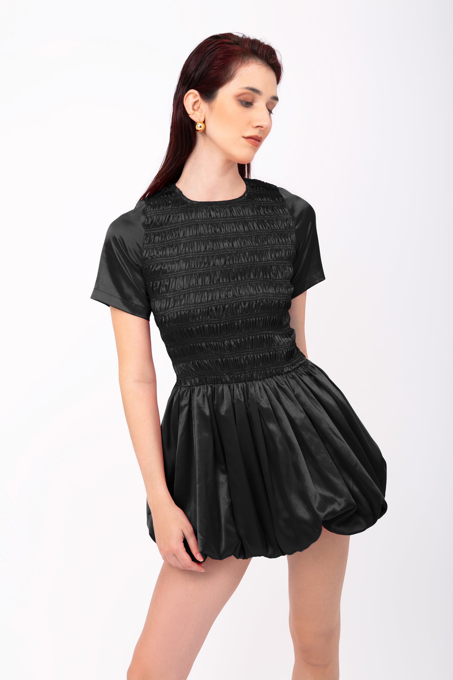 Eleanor Black Satin Puffball Ultra Mini Dress-ALLW168-4