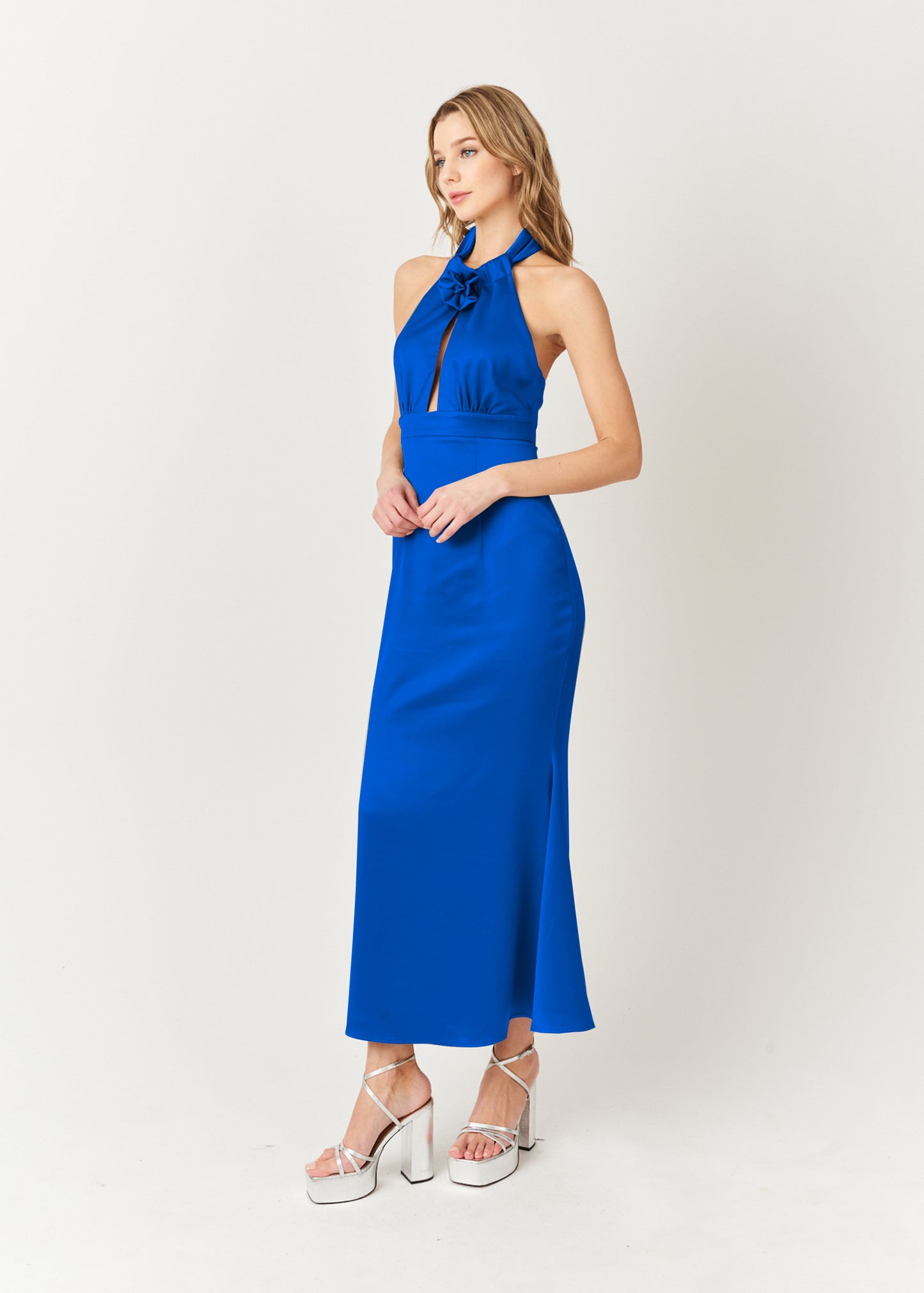 Wynter Front Cut Out Halter Satin Midi Dress-ALJH0108