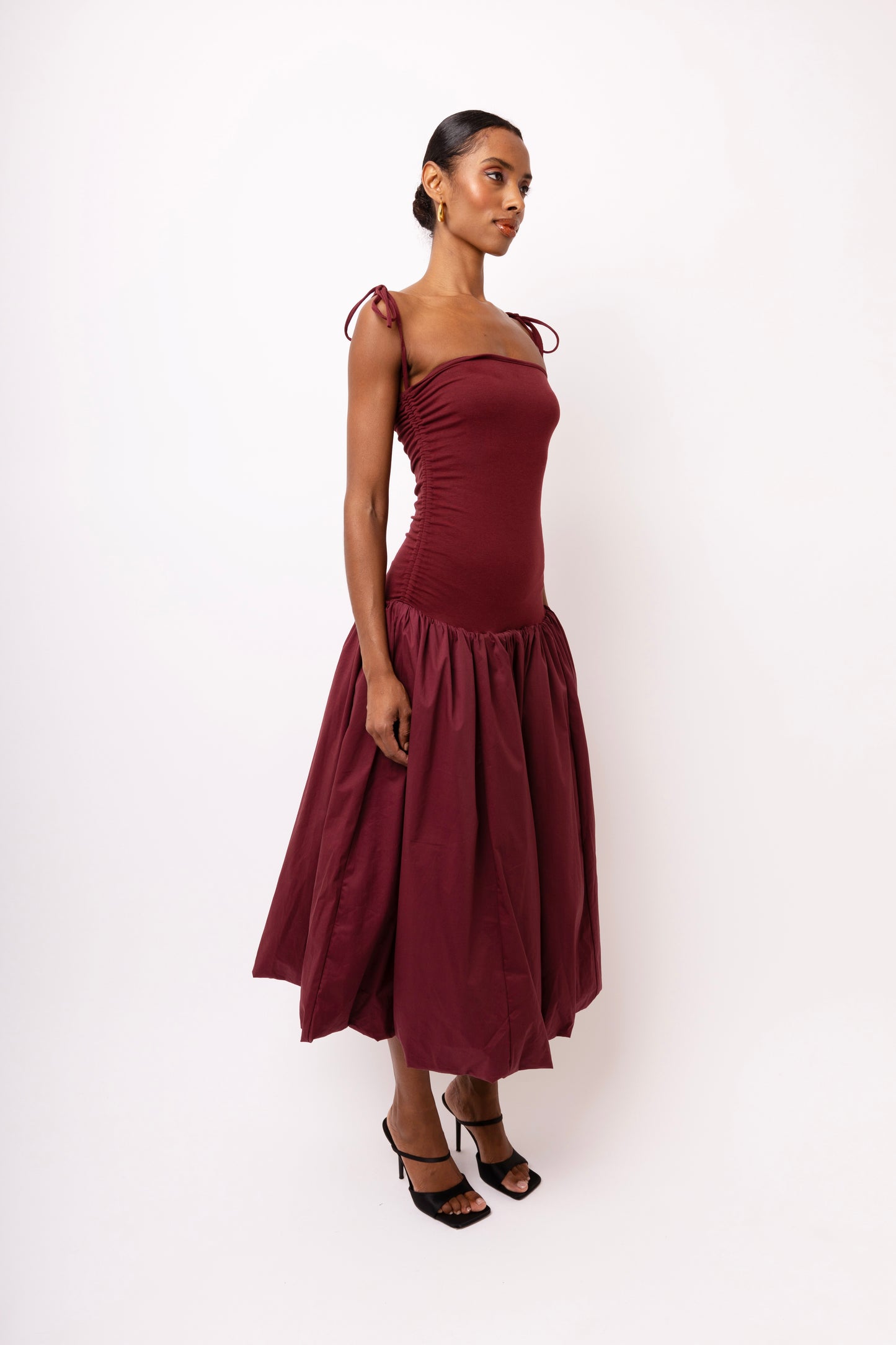 ALEXA BURGANDY PUFFBALL DRESS-AL2750