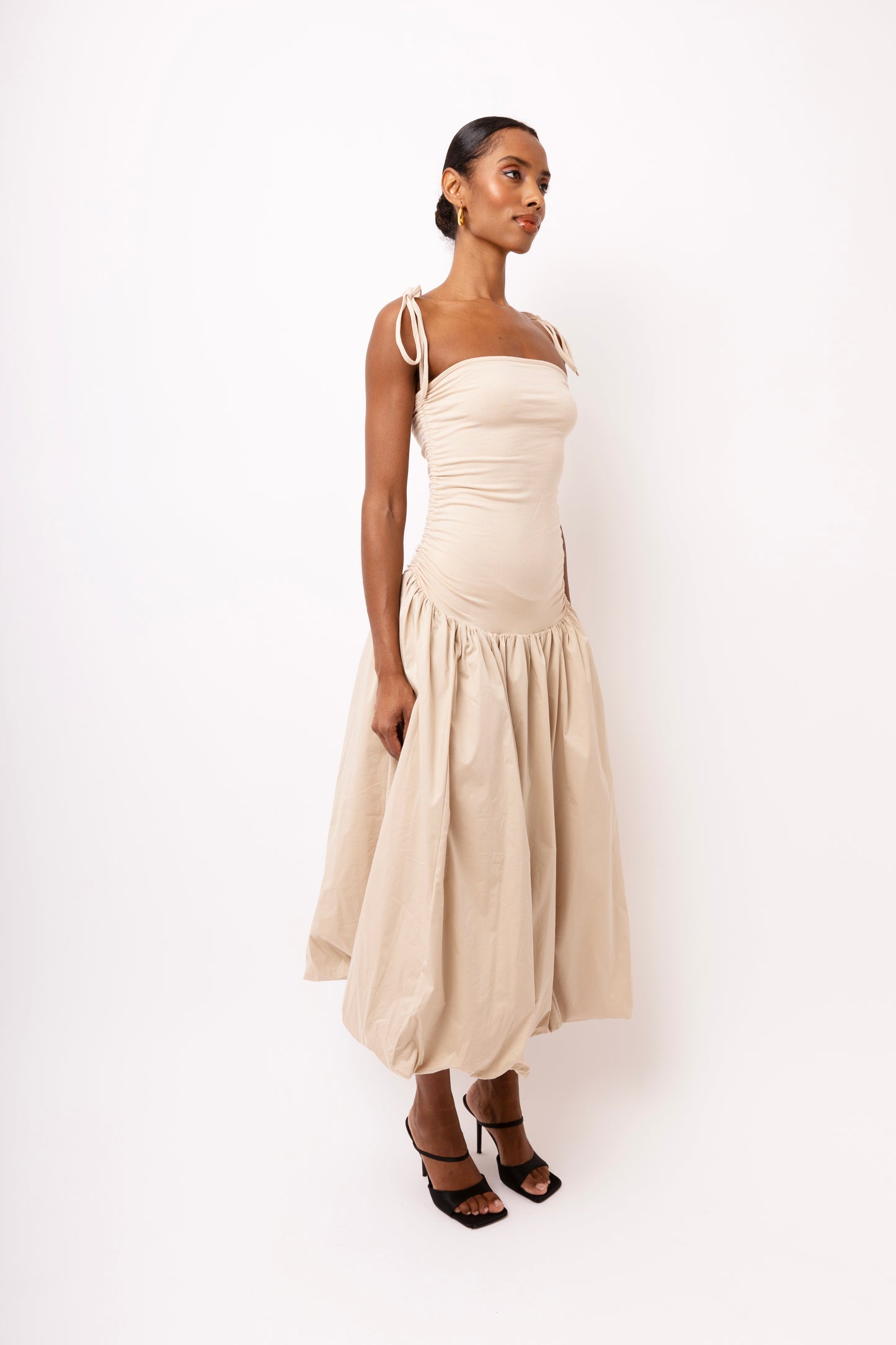 ALEXA BEIGE PUFFBALL DRESS-AL2750