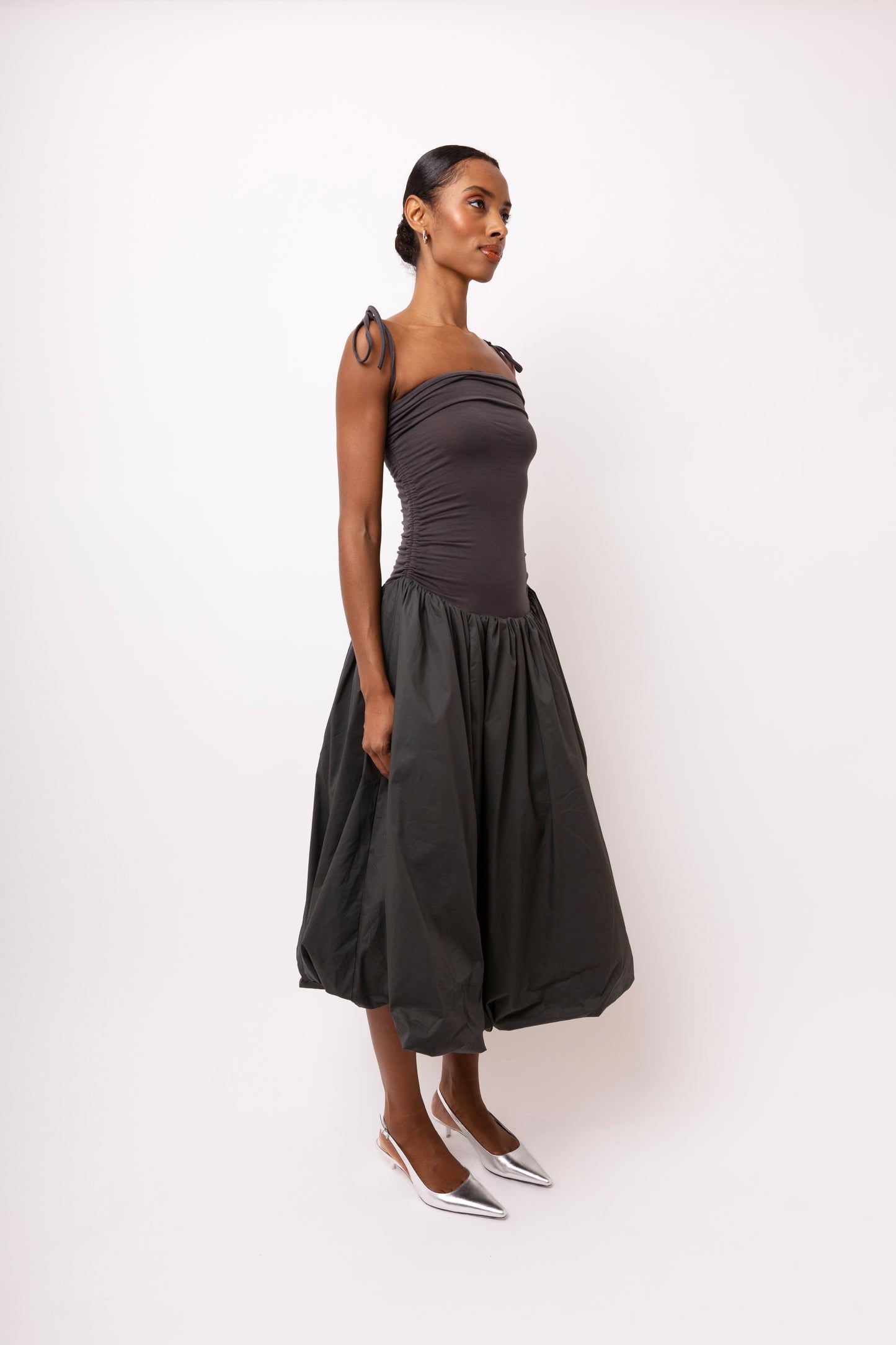 ALEXA DARK GREY PUFFBALL DRESS-AL2750
