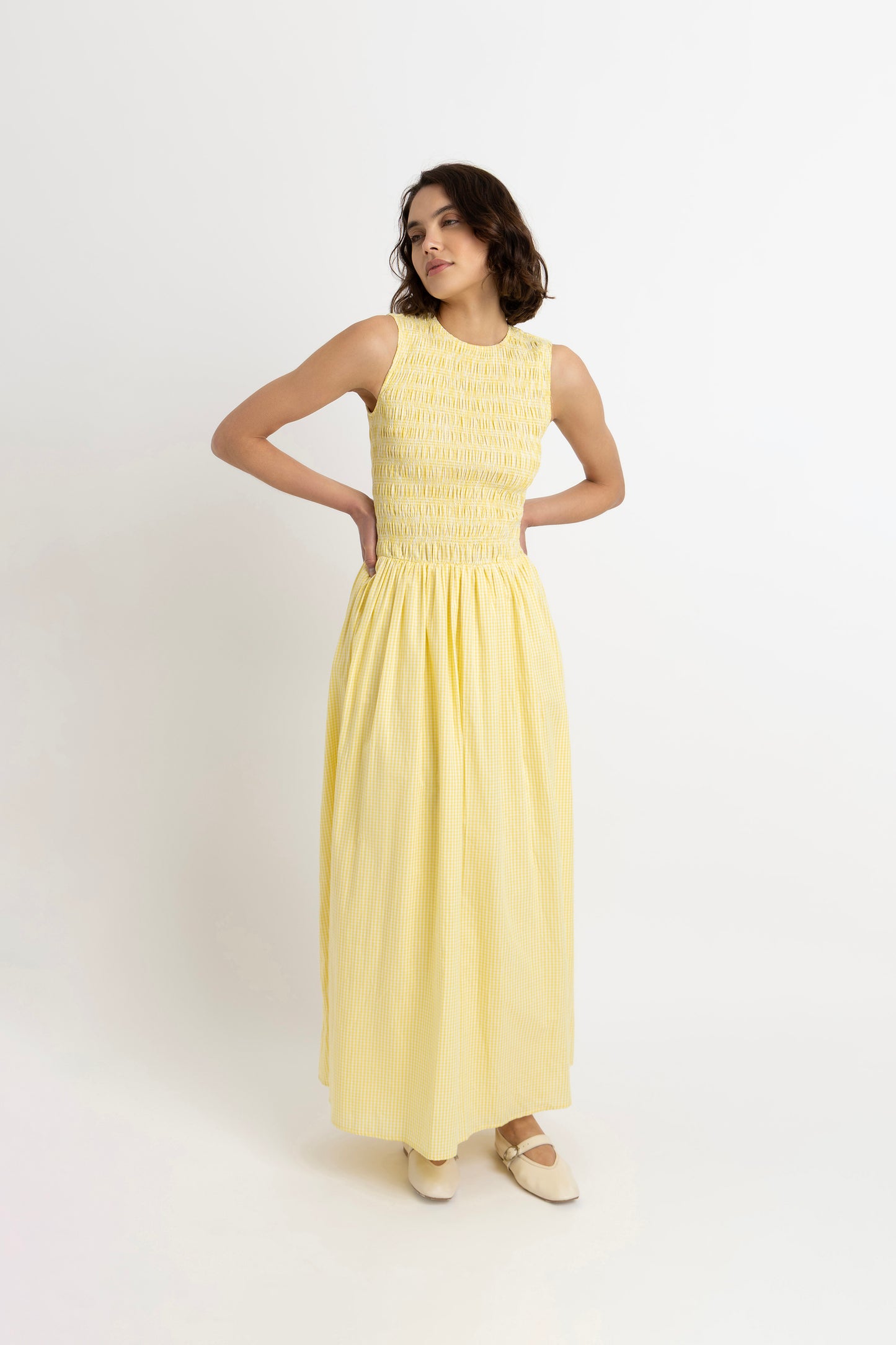 Summer Pure Cotton Yellow Gingham Maxi Dress-ALCM2701