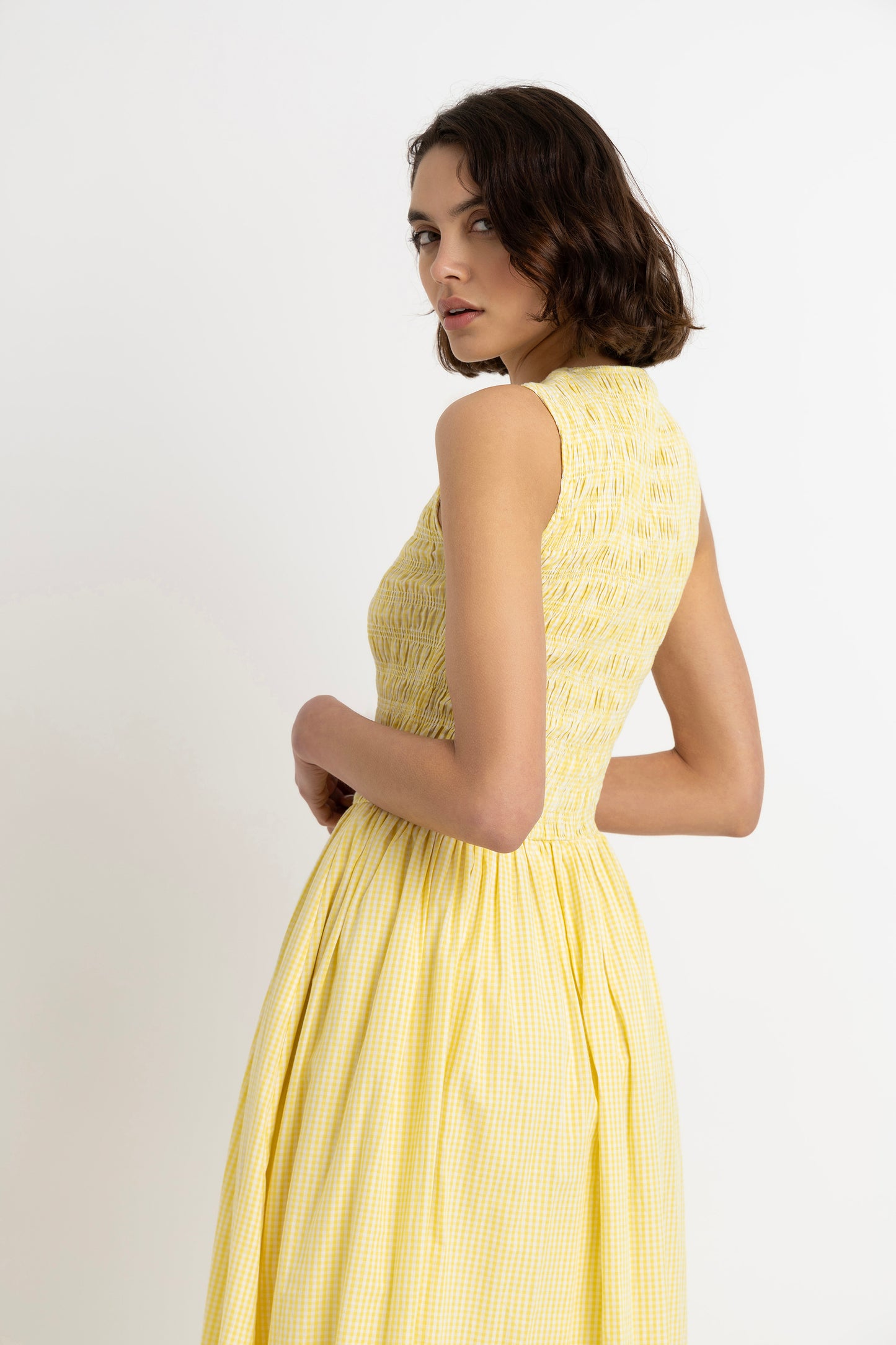 Summer Pure Cotton Yellow Gingham Maxi Dress-ALCM2701