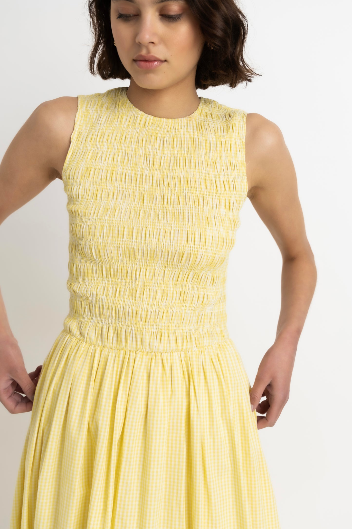 Summer Pure Cotton Yellow Gingham Maxi Dress-ALCM2701