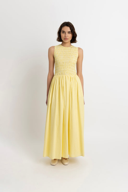 Summer Pure Cotton Yellow Gingham Maxi Dress-ALCM2701