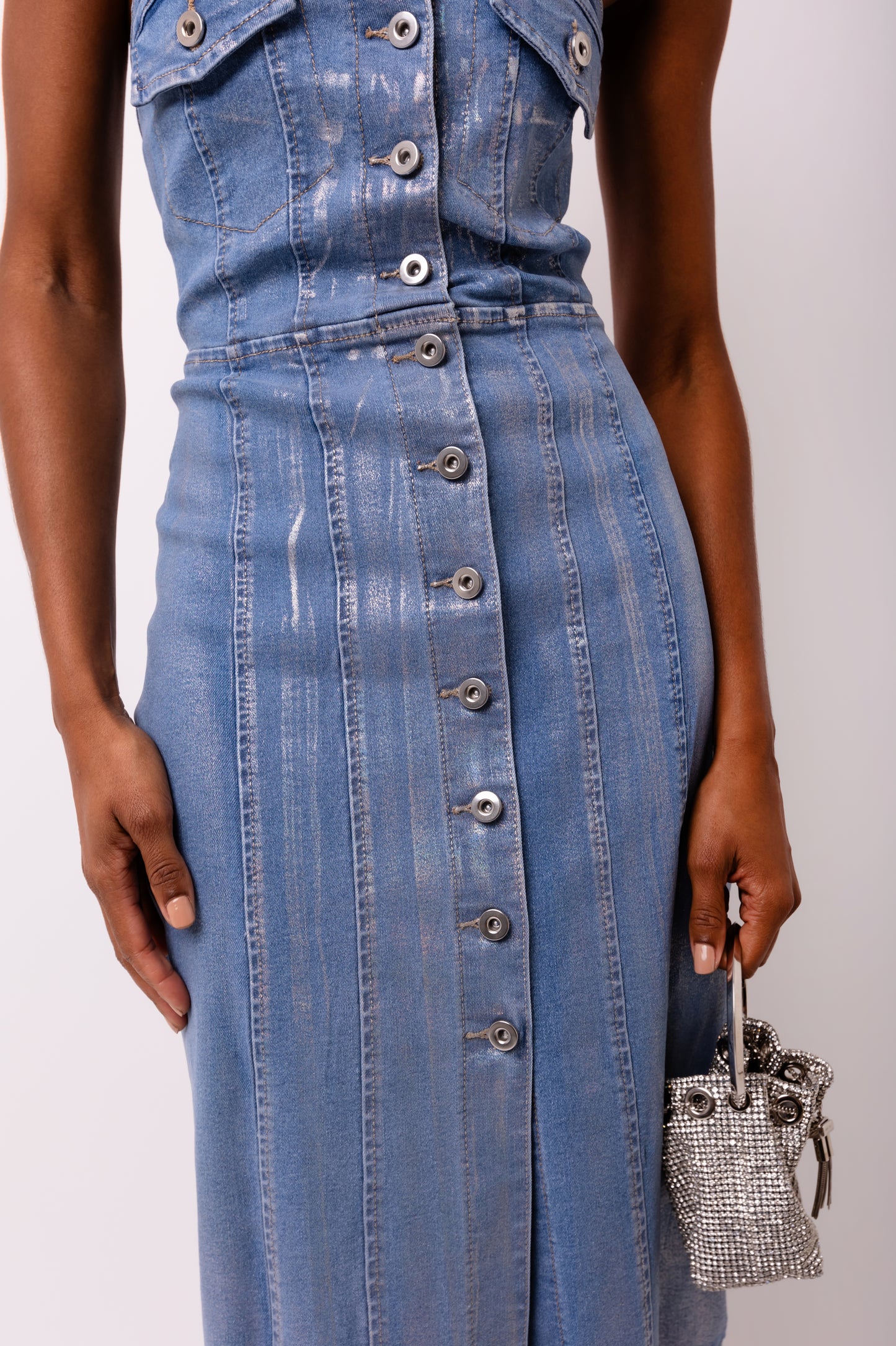 Sadie Stretch Metallic Light Denim Midi Dress-ALCM0007