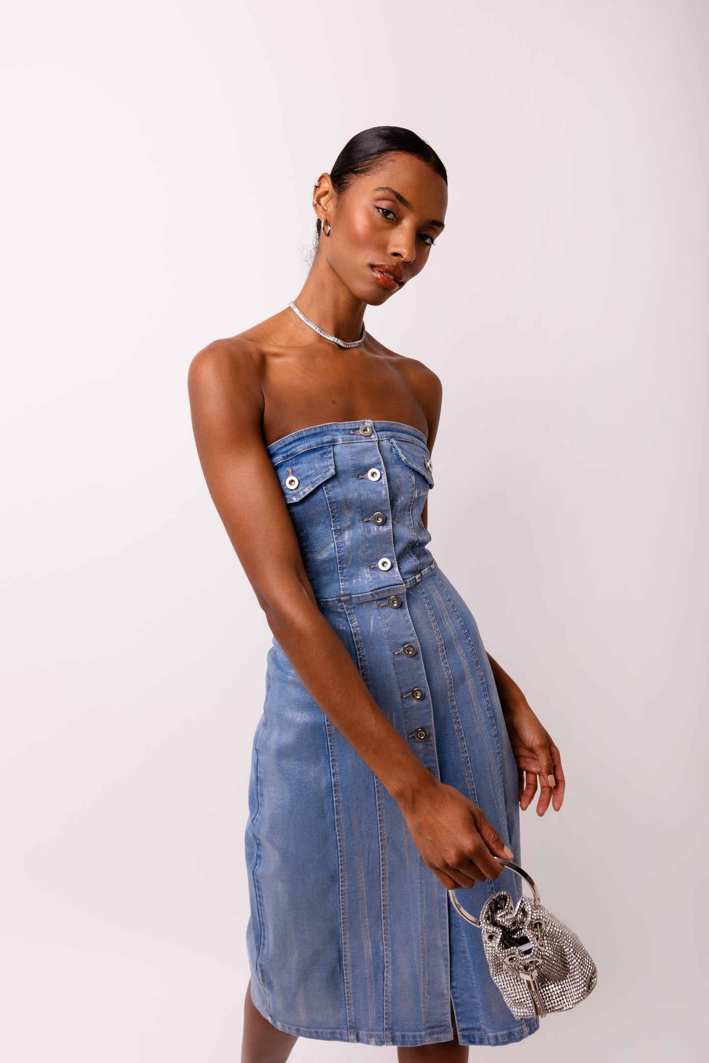 Sadie Stretch Metallic Light Denim Midi Dress-ALCM0007