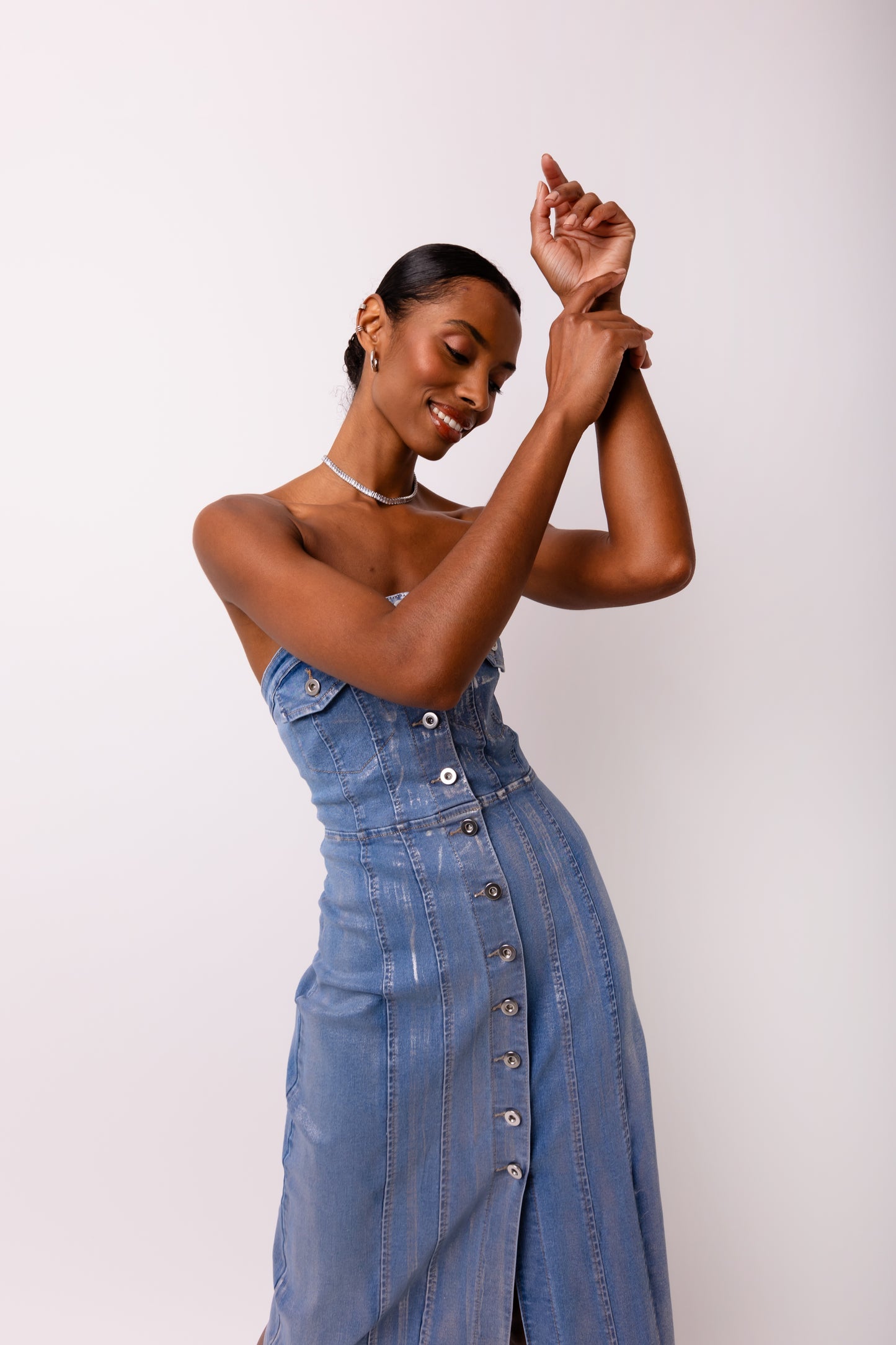 Sadie Stretch Metallic Light Denim Midi Dress-ALCM0007