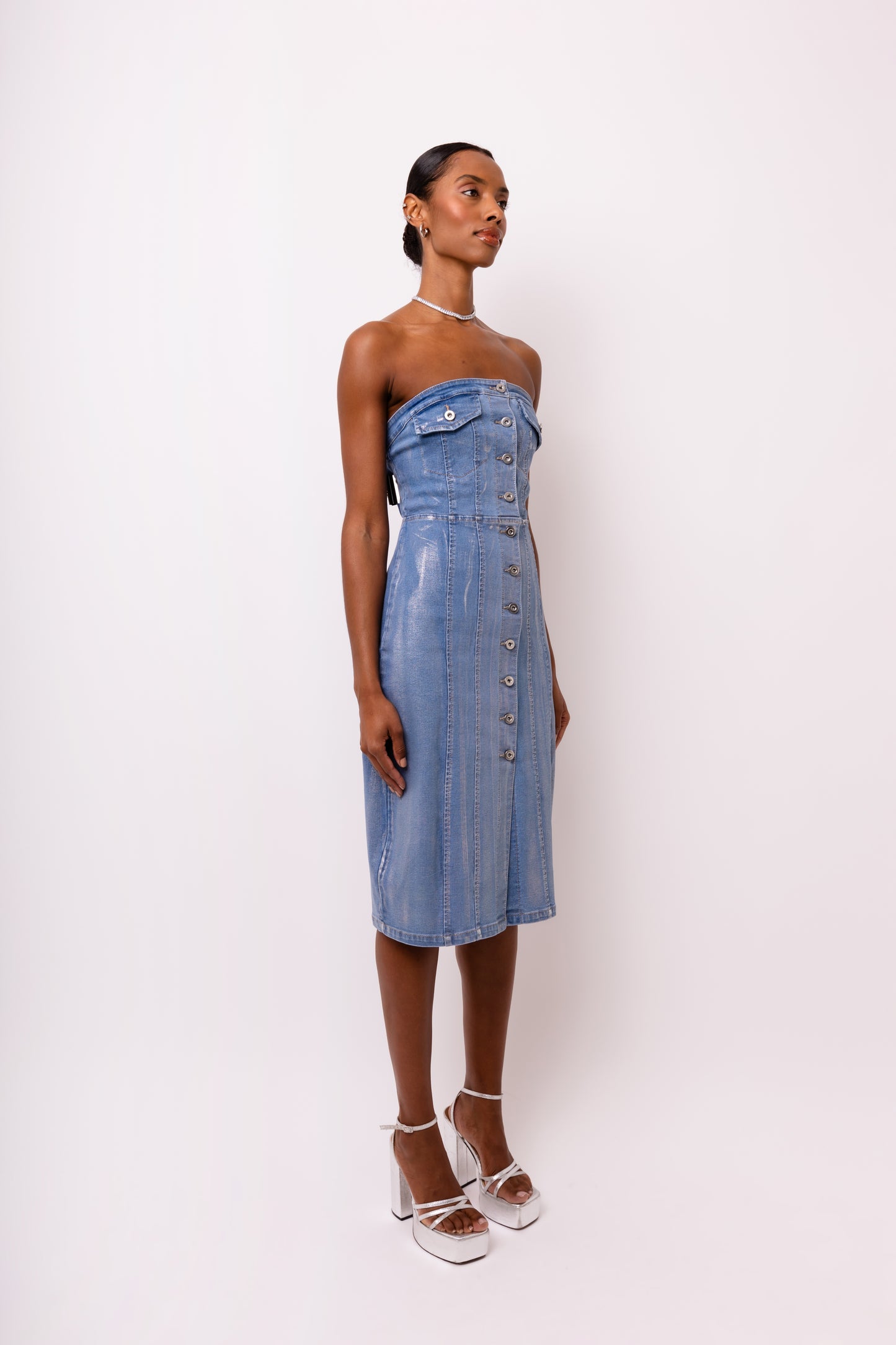 Sadie Stretch Metallic Light Denim Midi Dress-ALCM0007