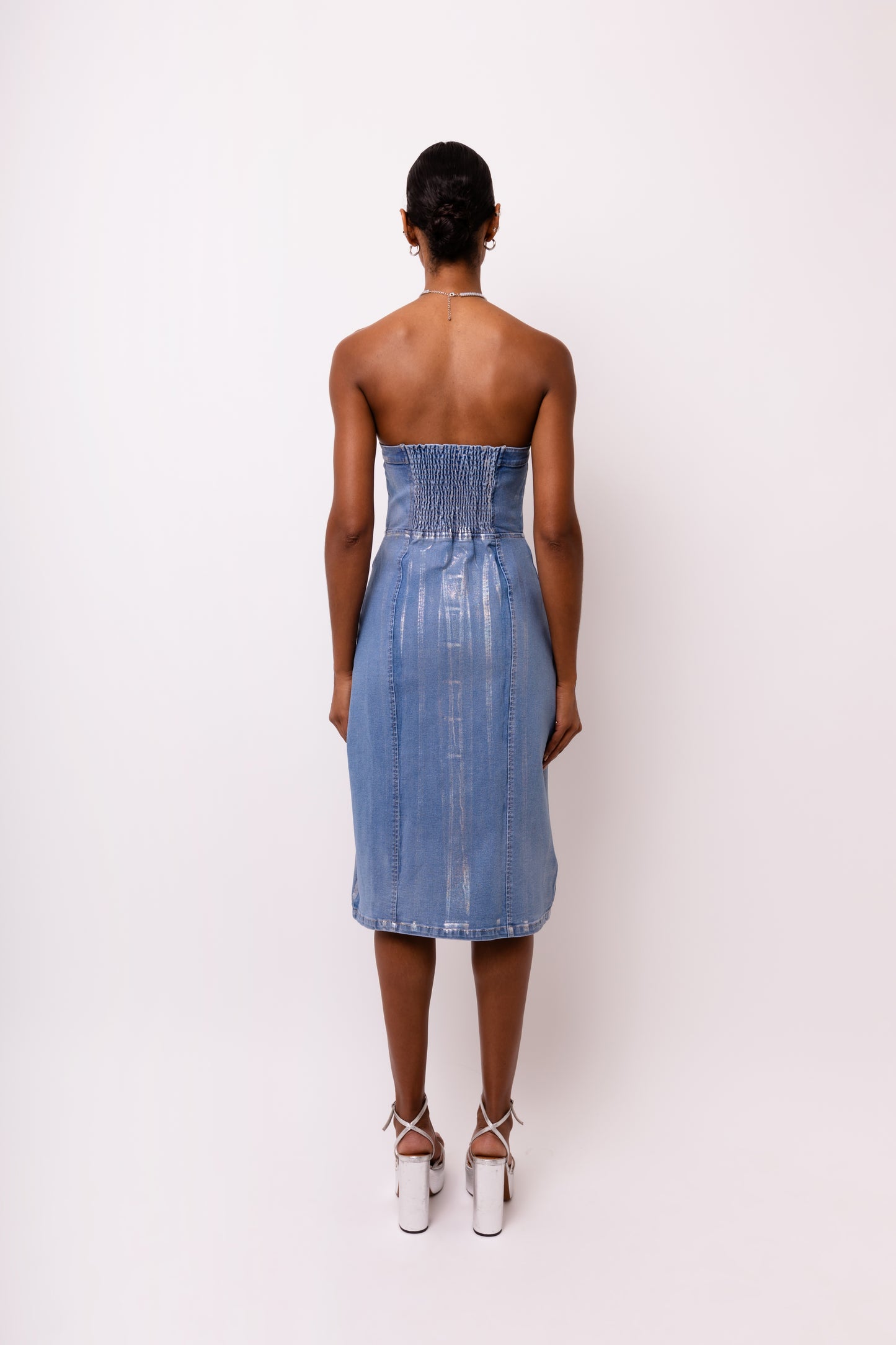 Sadie Stretch Metallic Light Denim Midi Dress-ALCM0007
