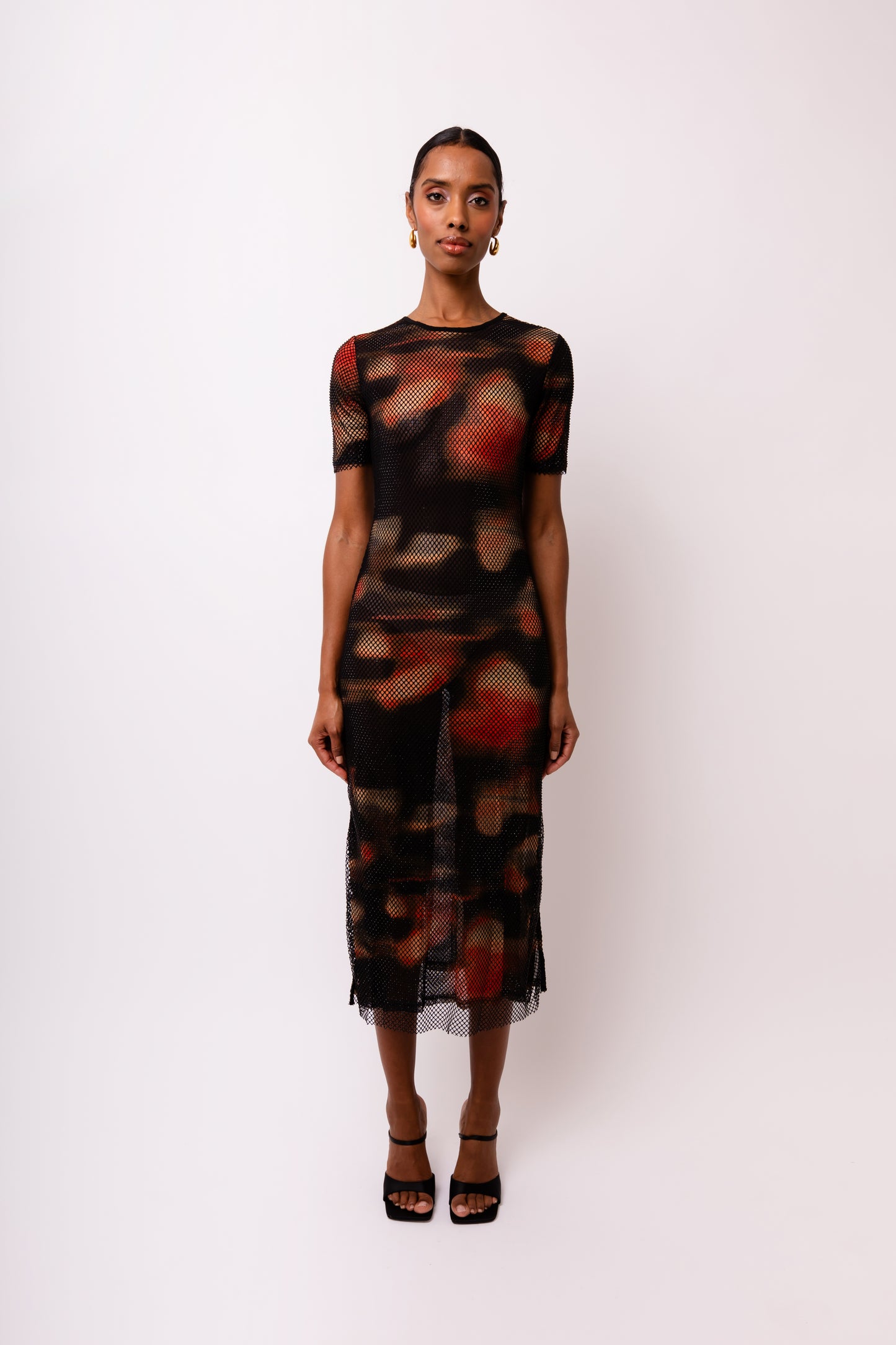 Lisbon Net Overlay Short Sleeve midi Dress-ALJH0205