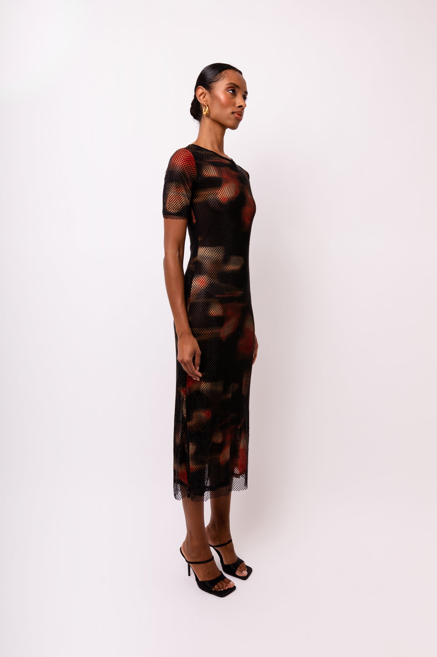 Lisbon Net Overlay Short Sleeve midi Dress-ALJH0205