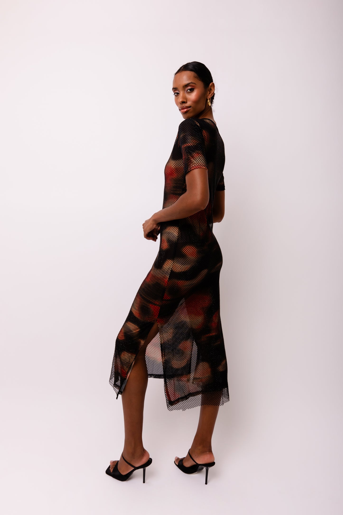 Lisbon Net Overlay Short Sleeve midi Dress-ALJH0205