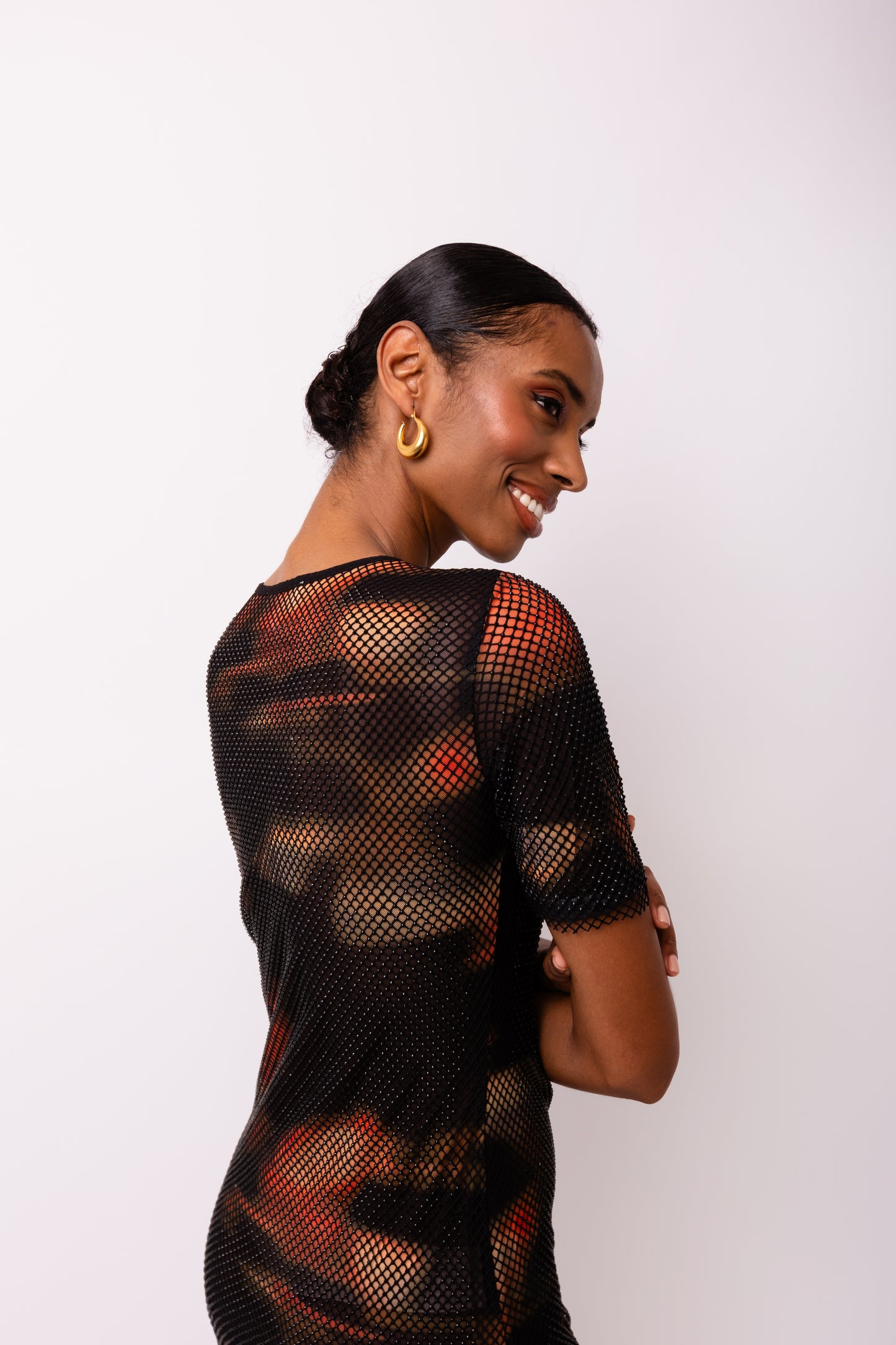 Lisbon Net Overlay Short Sleeve midi Dress-ALJH0205