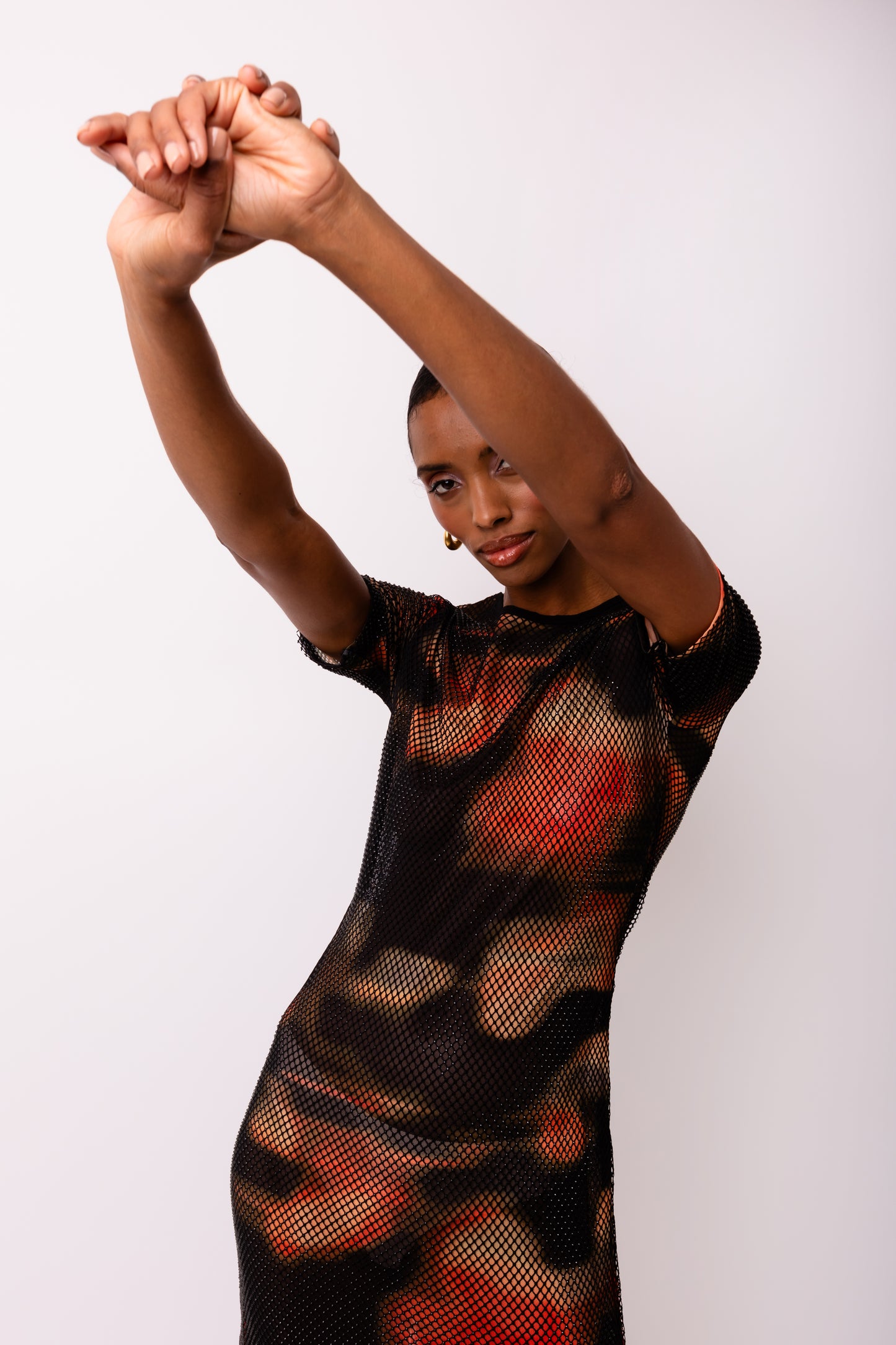 Lisbon Net Overlay Short Sleeve midi Dress-ALJH0205