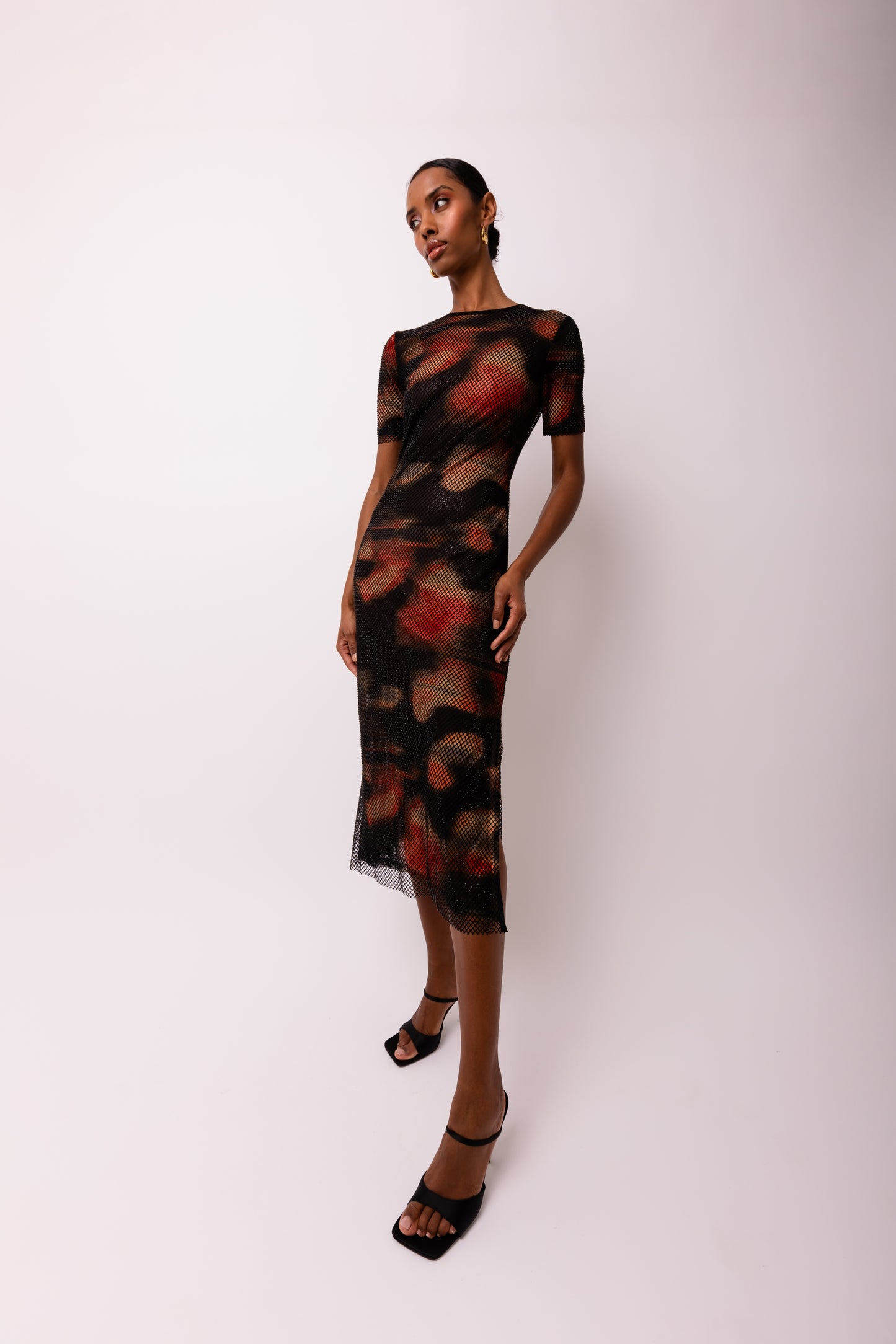 Lisbon Net Overlay Short Sleeve midi Dress-ALJH0205