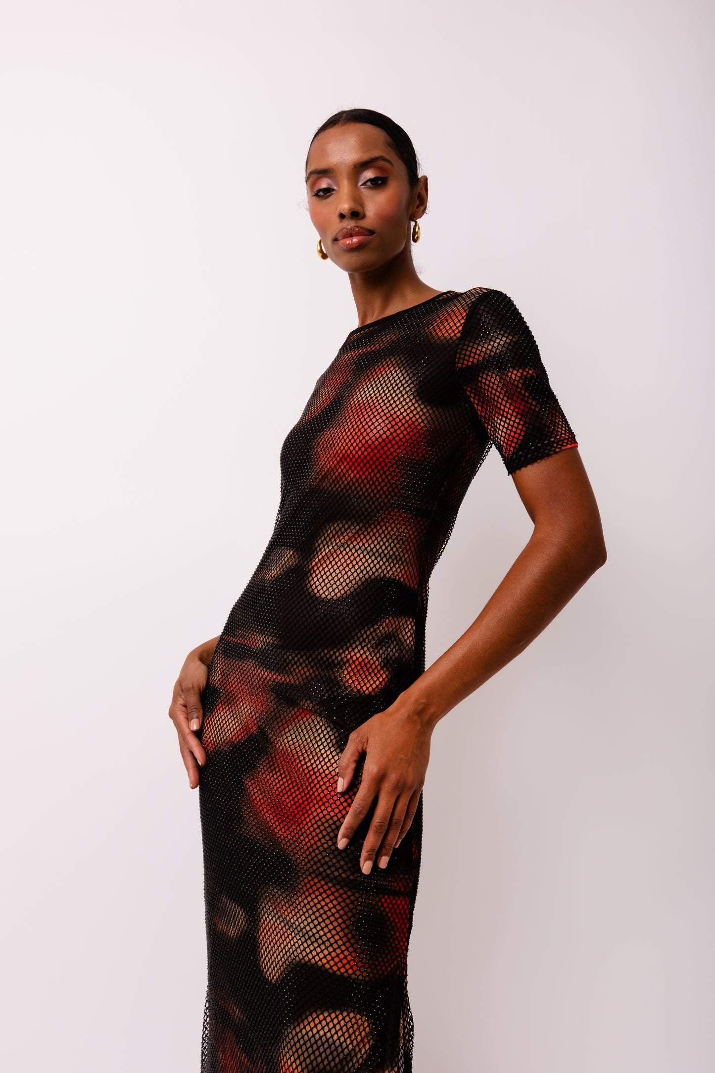 Lisbon Net Overlay Short Sleeve midi Dress-ALJH0205