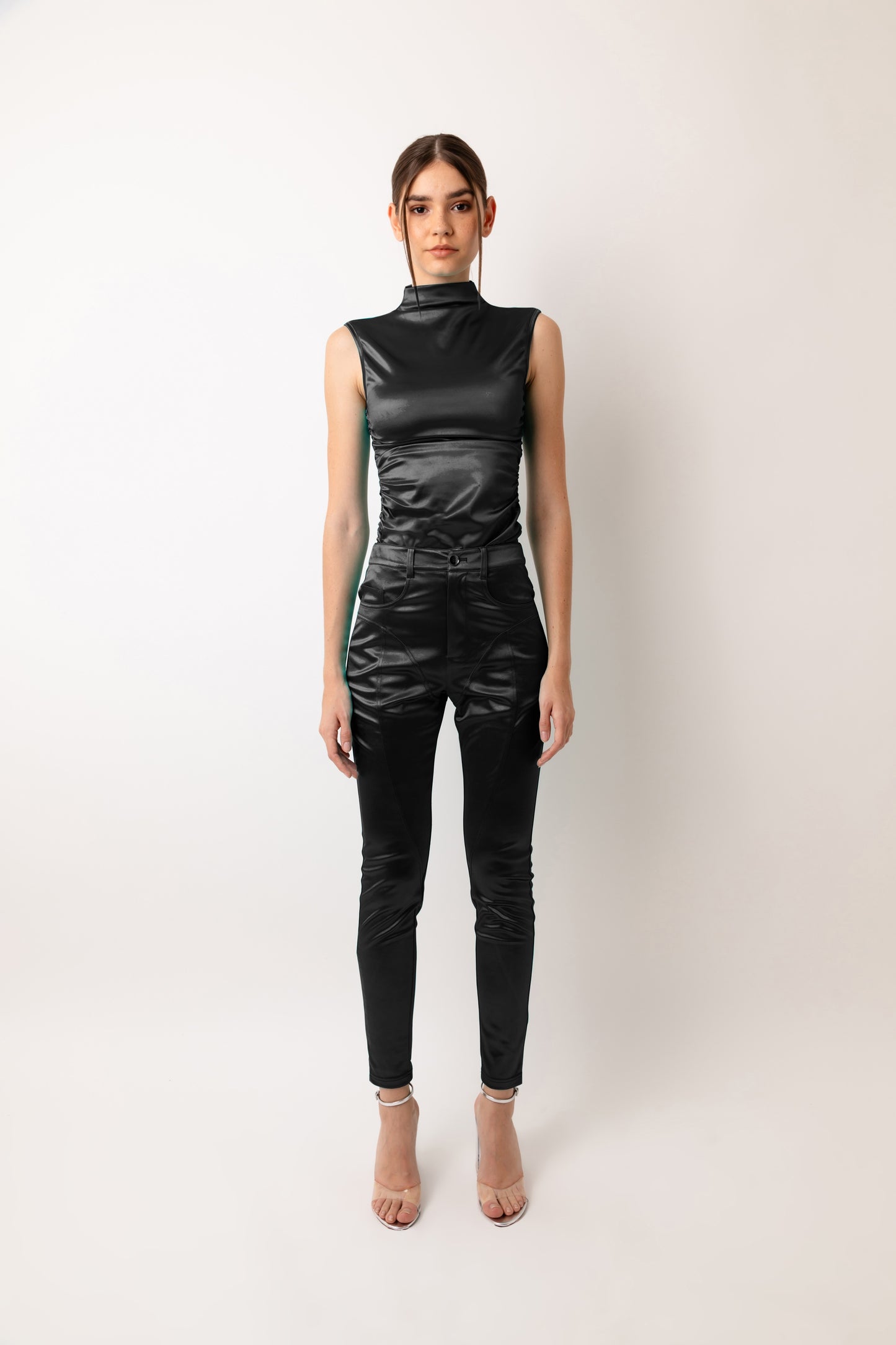 Elvis Aqua Blue High Neck Ruche Top-ALJH0244