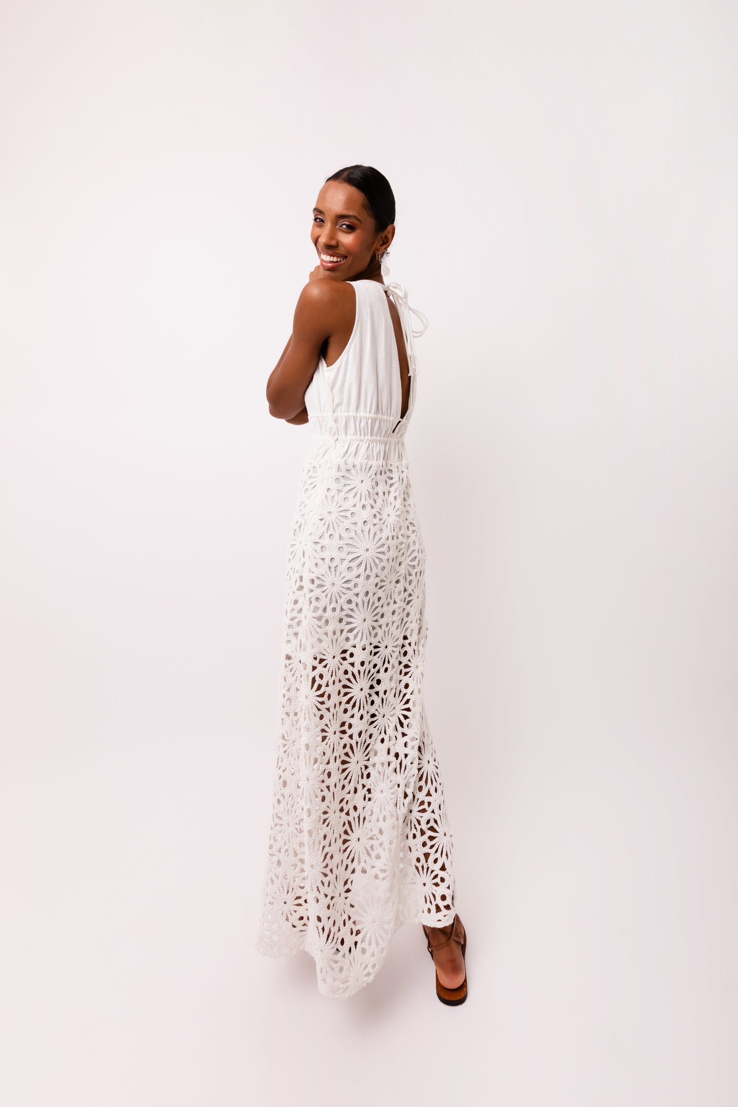 Lin Crochet Lace Cut Out Detail Halter Maxi Dress-ALJH0285