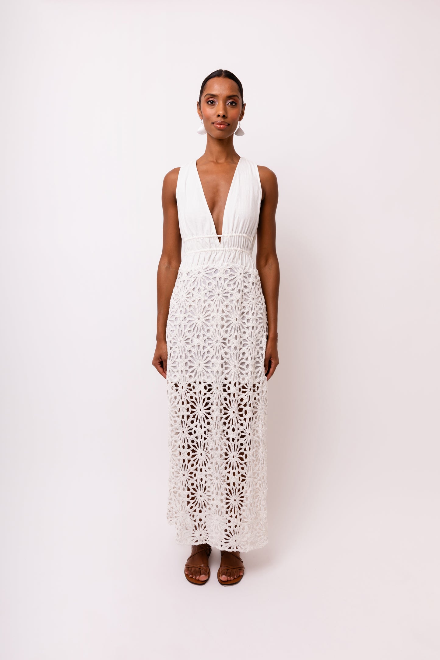 Lin Crochet Lace Cut Out Detail Halter Maxi Dress-ALJH0285