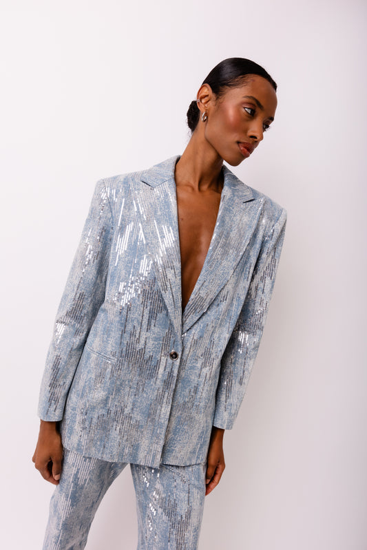 Teddie Embellished Denim Oversized Blazer-ALJH0286