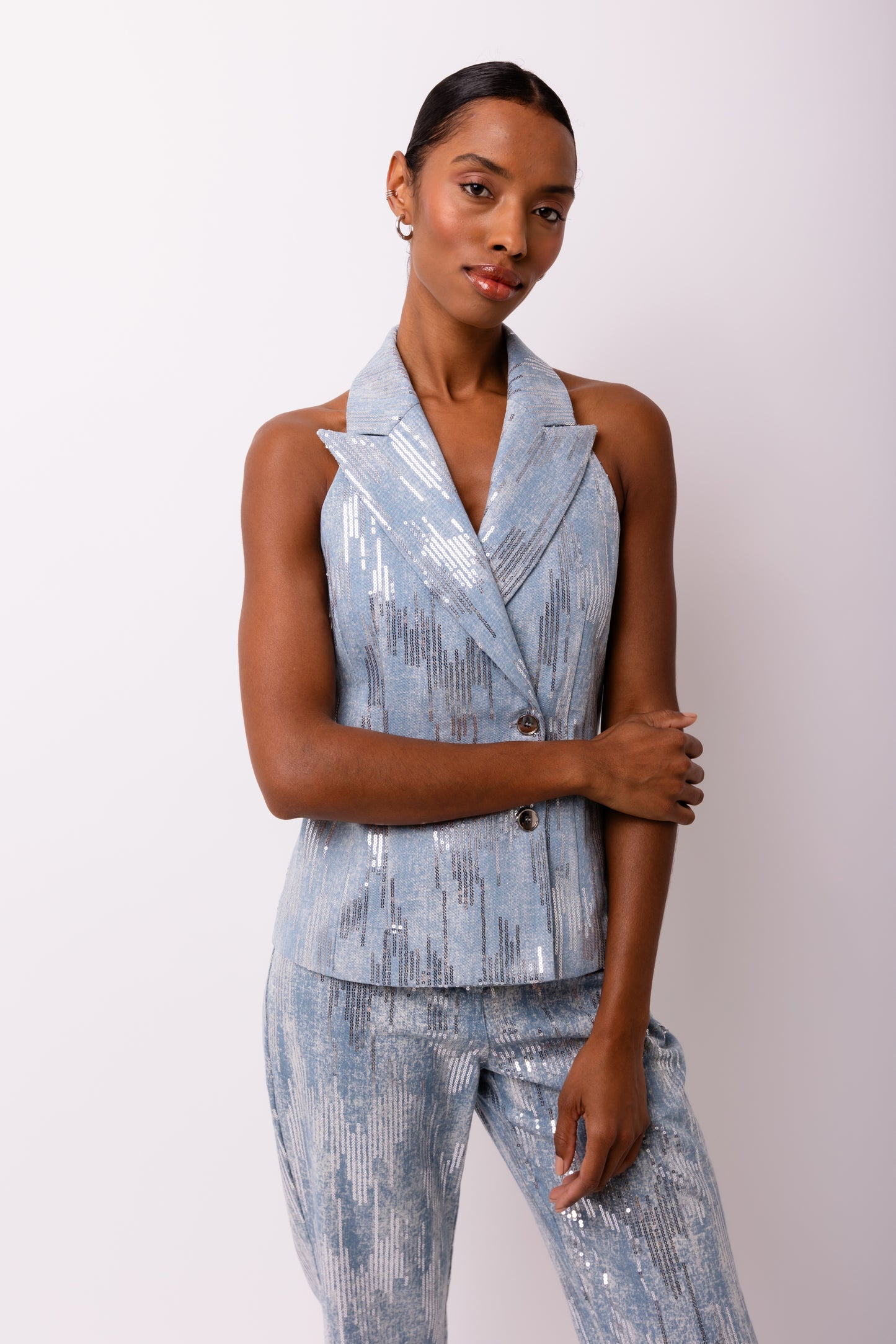 Teddie Sequin Embellished Denim Waistcoat-ALJH0290