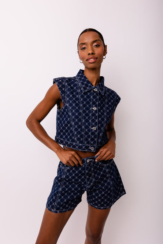 Goldie Diamond Pattern Denim Gilet-ALJH0293