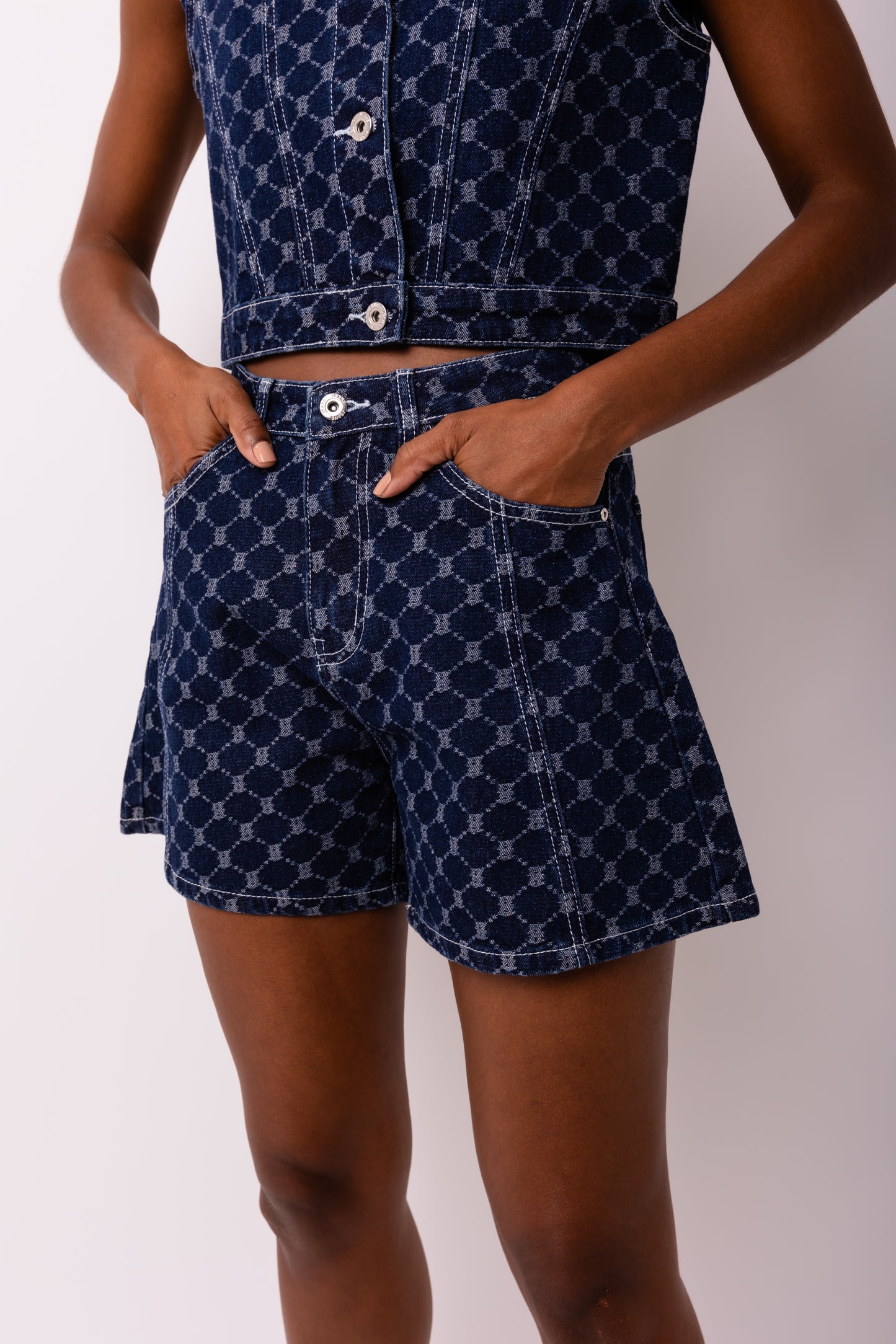 Goldie Diamond pattern Denim Shorts-ALJH0293-1