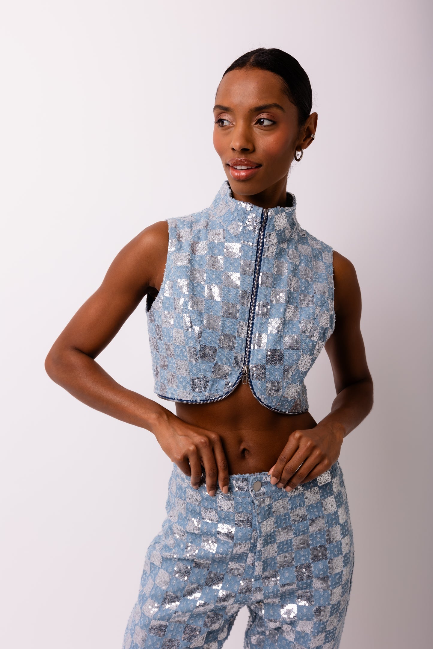 Paloma Sequin Cropped Zipped waistcoat-ALJH0305