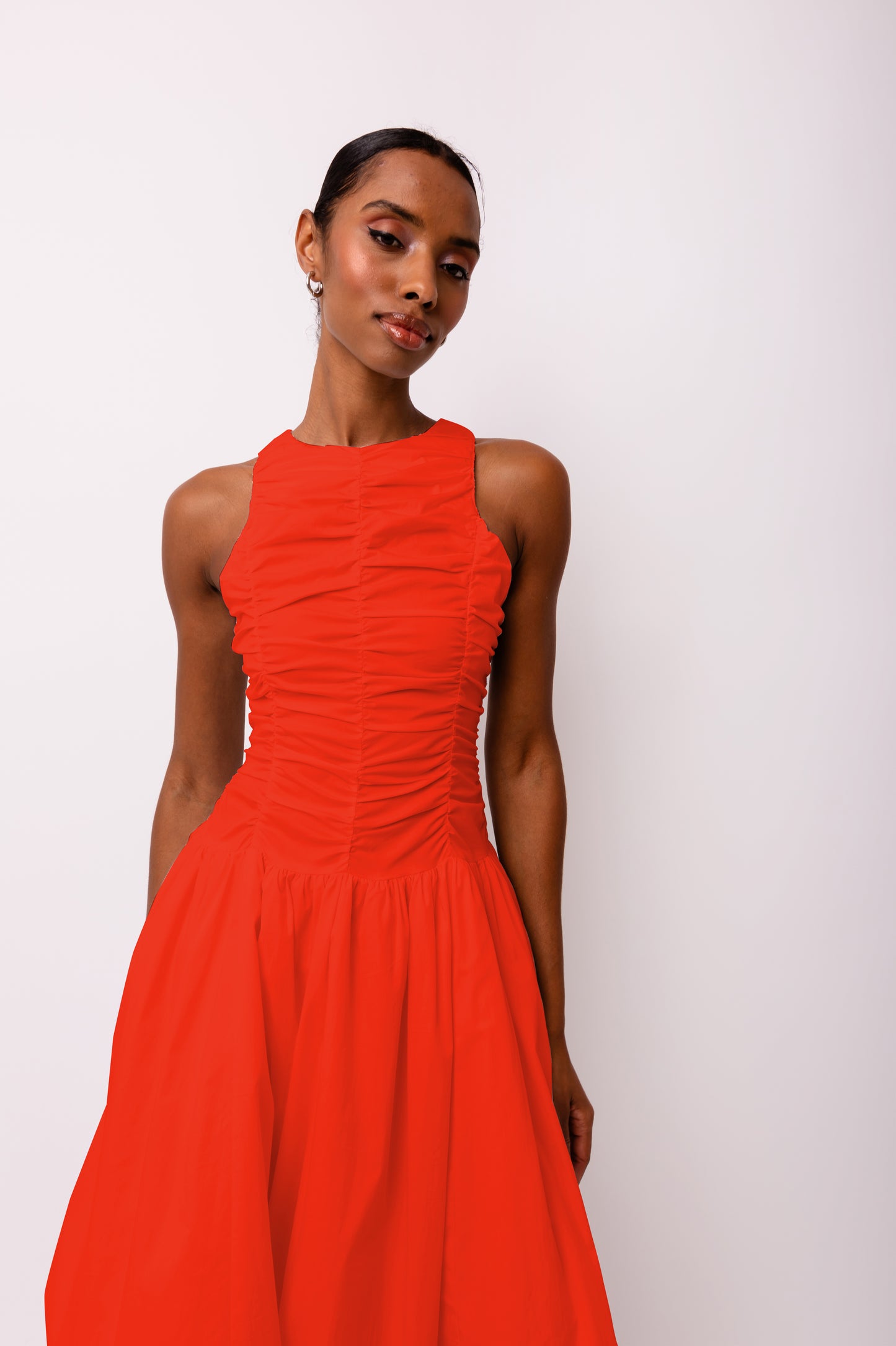 Elodie A Line Ruched Top Sleeveless Midi Dress-ALLW002