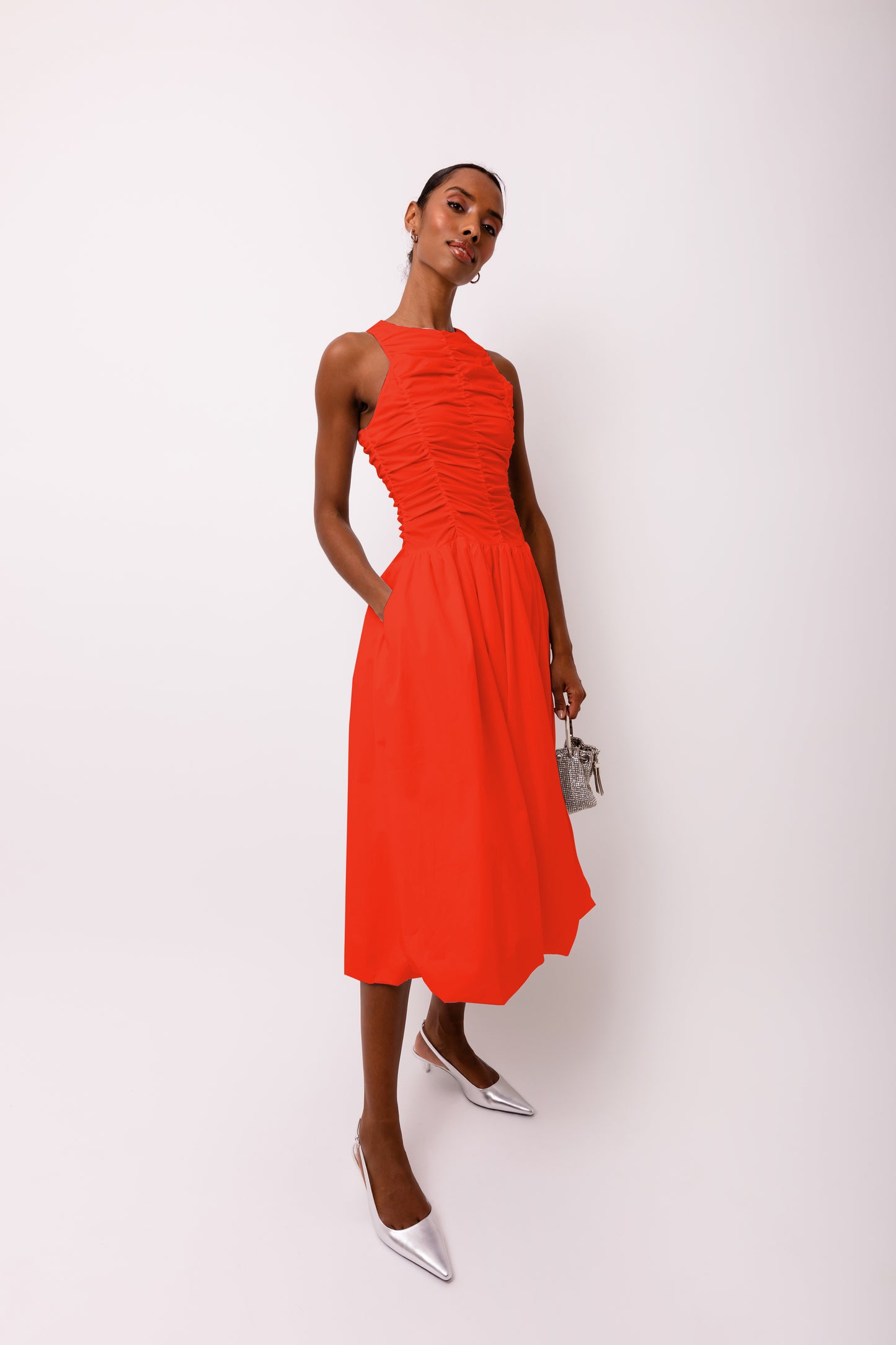 Elodie A Line Ruched Top Sleeveless Midi Dress-ALLW002