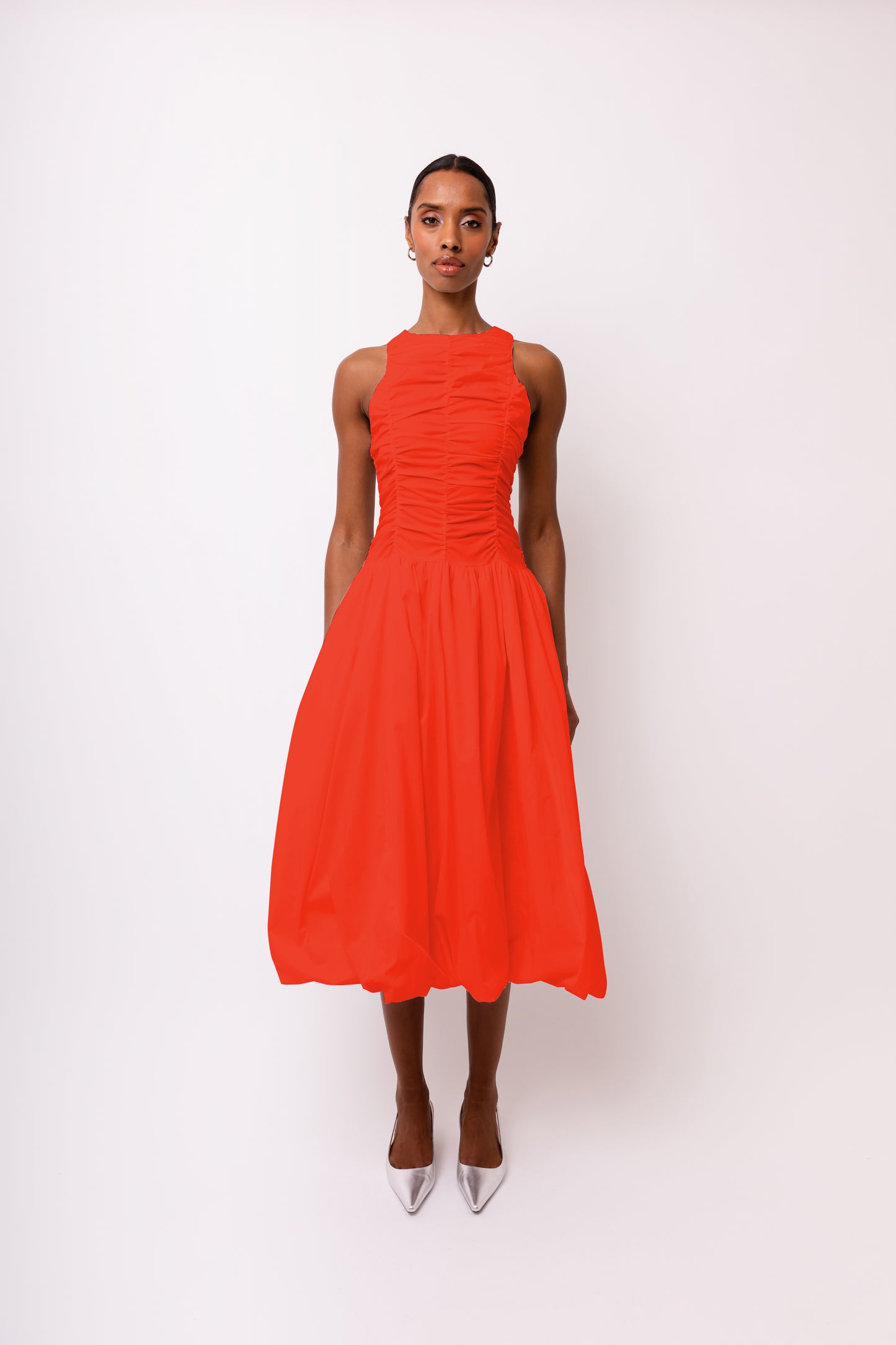 Elodie A Line Ruched Top Sleeveless Midi Dress-ALLW002