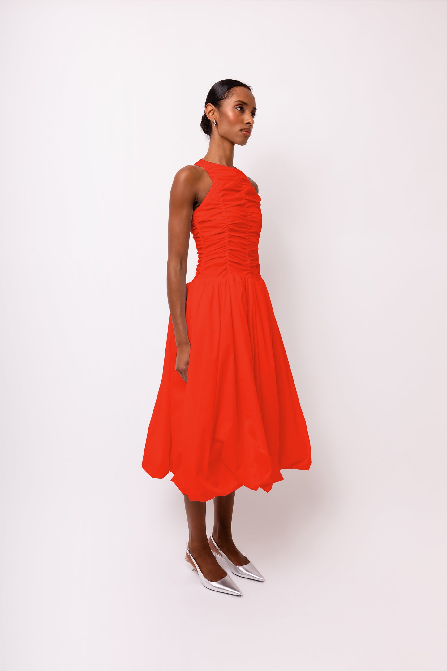 Elodie A Line Ruched Top Sleeveless Midi Dress-ALLW002