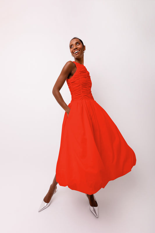 Elodie A Line Ruched Top Sleeveless Midi Dress-ALLW002