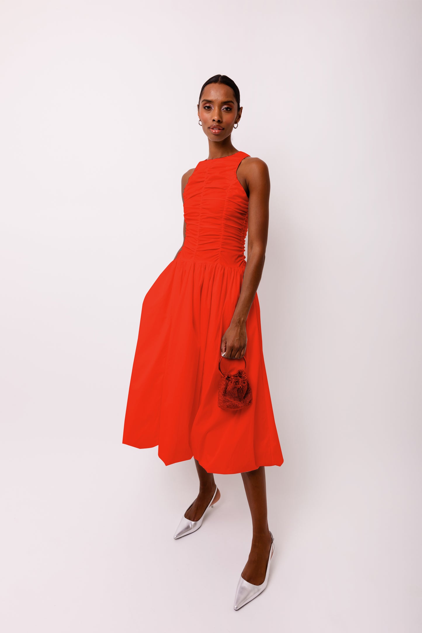 Elodie A Line Ruched Top Sleeveless Midi Dress-ALLW002