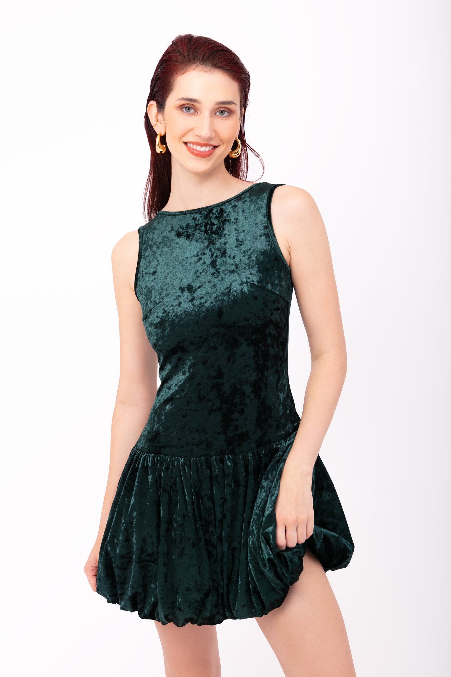 Ciara Emerald Green Velvet Puffball Mini Dress-ALLW187-6