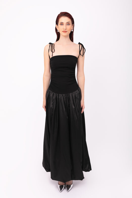 Alexa Black Satin Puffball Maxi Dress-ALLW112-1