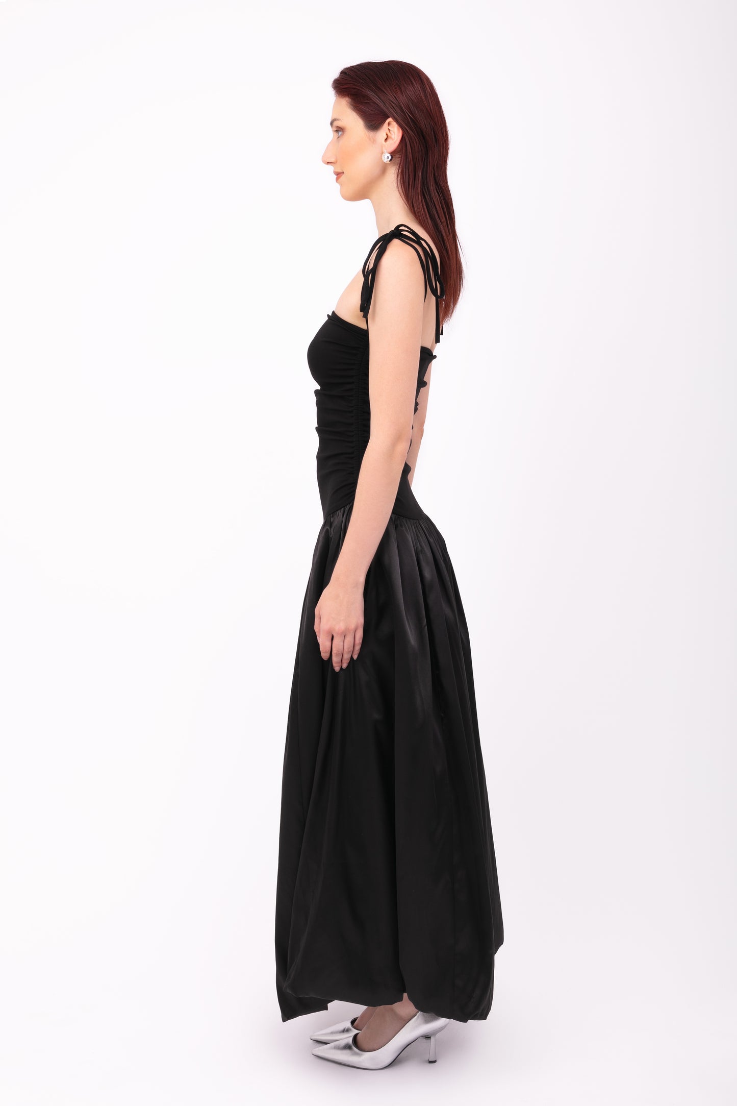 Alexa Black Satin Puffball Maxi Dress-ALLW112-1