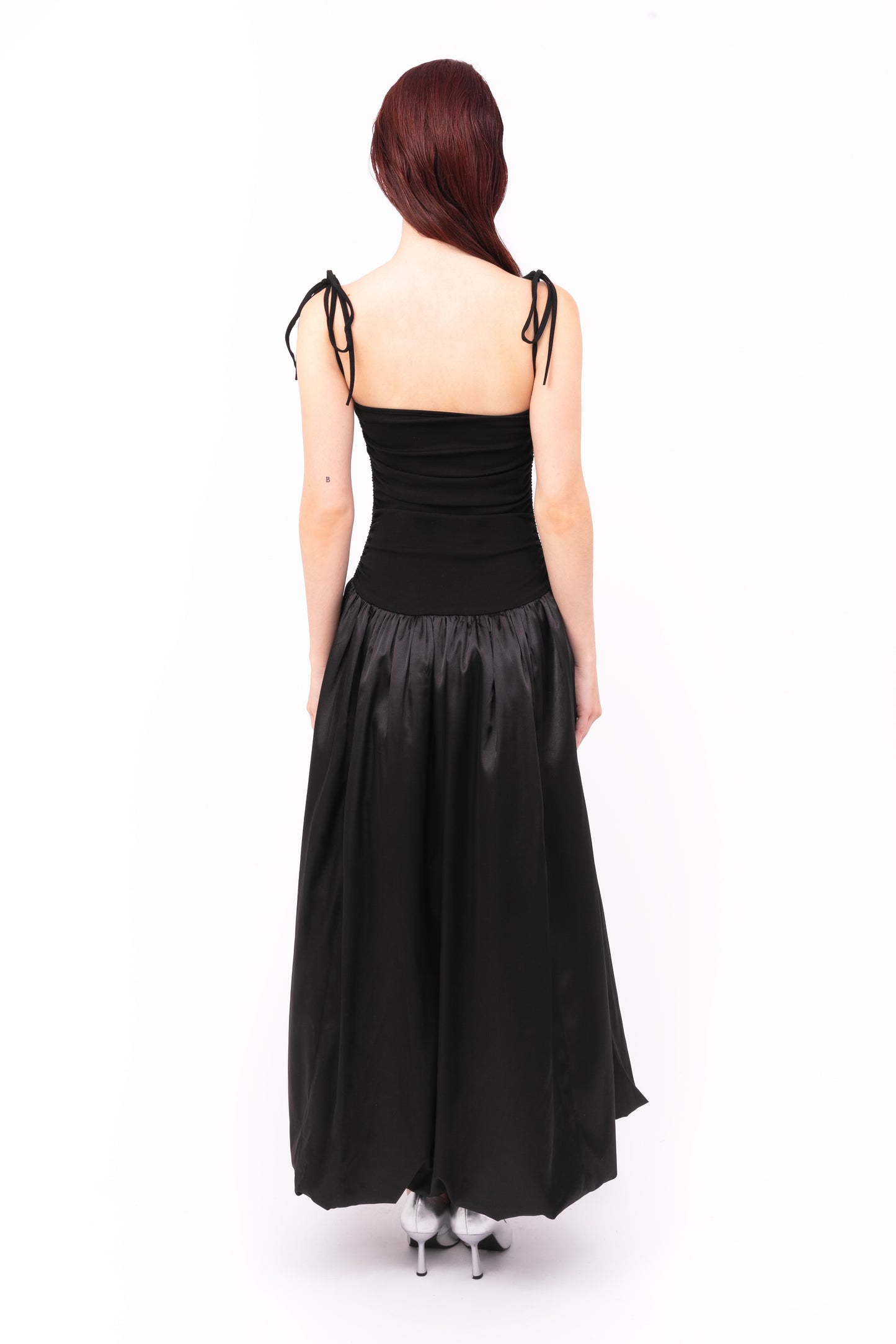 Alexa Black Satin Puffball Maxi Dress-ALLW112-1