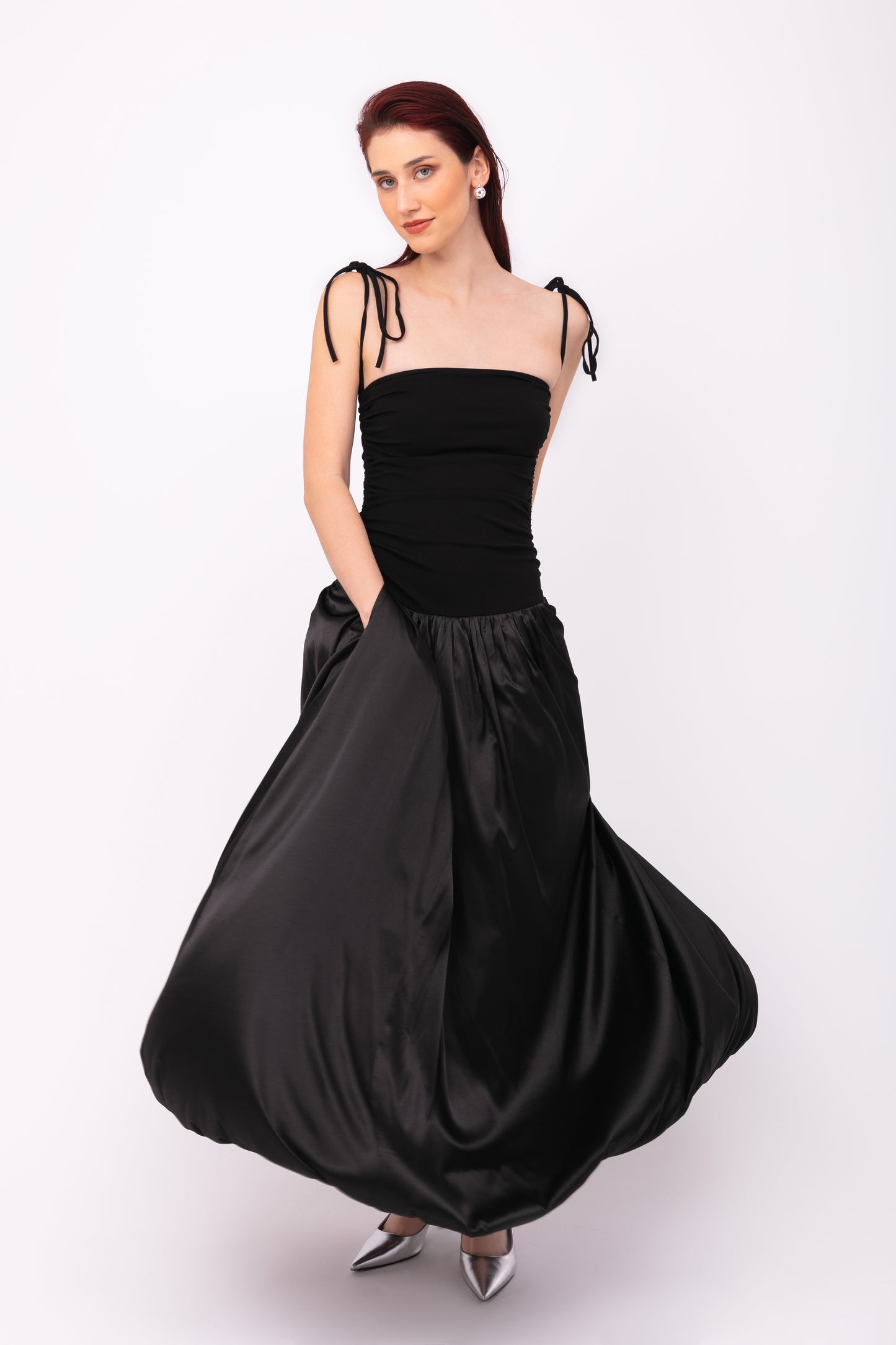 Alexa Black Satin Puffball Maxi Dress-ALLW112-1
