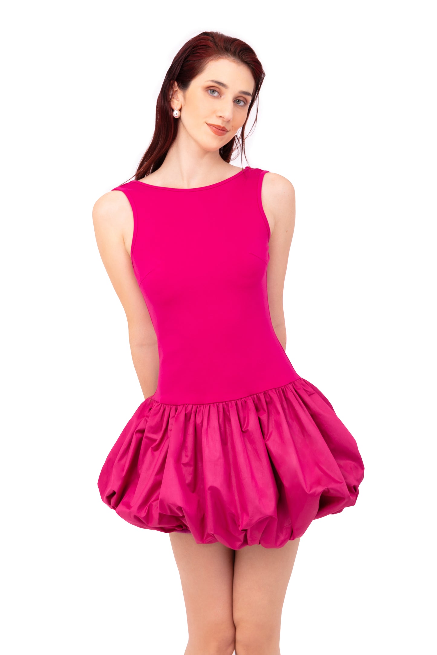 Ciara Magenta Scoopback Puffball Ultra Mini Dress-ALLW187-5