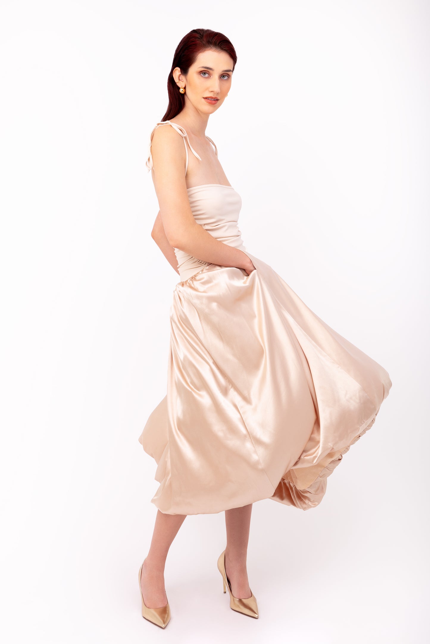 Alexa Champagne Satin Puffball Dress-AL2750-27