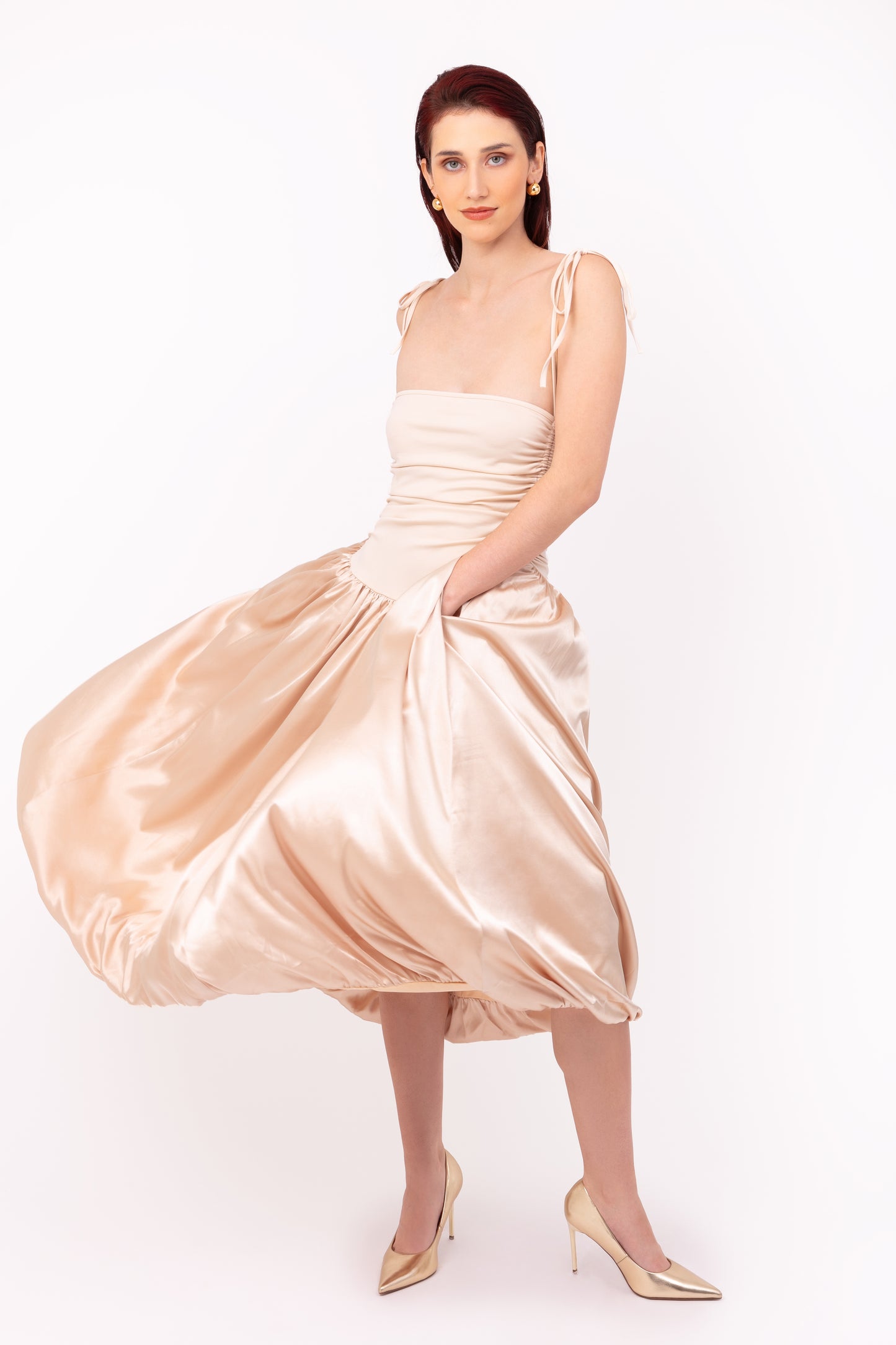 Alexa Champagne Satin Puffball Dress-AL2750-27